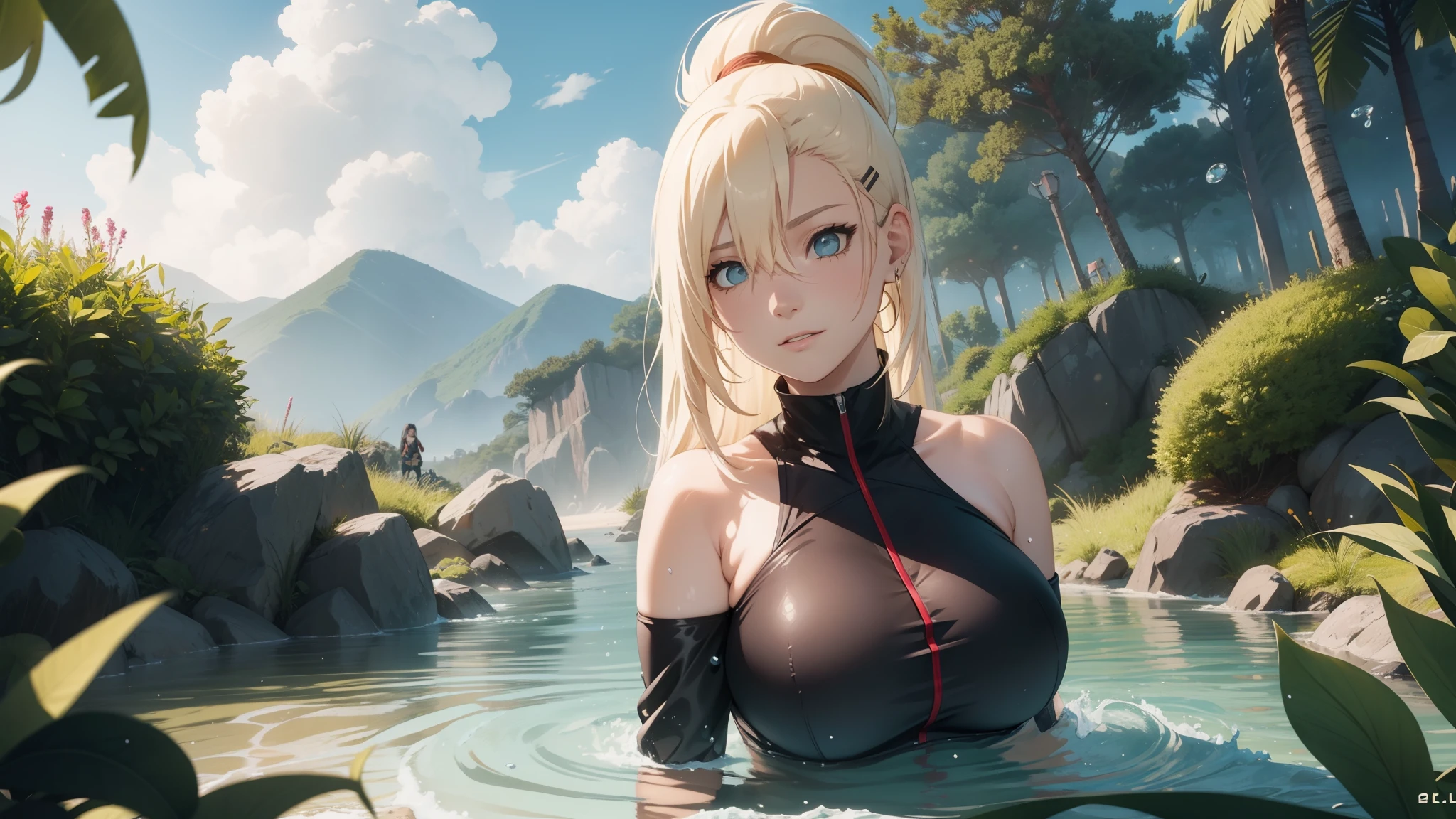 "the Extremely Detailed CG Unity 8K Wallpapers,tmasterpiece,Best picture quality,【😊Colored Forest,depth of fields,Lots of splashing droplets:1.2,petals,Toys surround,ventania,Foliage,grassy fields,volumettic light】blond hairbl,Be red in the face,ssmile,Half of your body is in water,naruto,Ino,Off-the-shoulder attire,bangs cover one eye,fat,looks into camera,sea beach,swim wears,clouds,sandbeach,