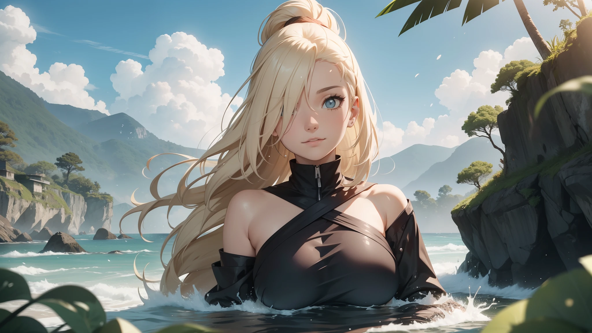 "the Extremely Detailed CG Unity 8K Wallpapers，tmasterpiece，Best picture quality，【😊Colored Forest，depth of fields，Lots of splashing droplets:1.2，petals，Toys surround，ventania，Foliage，grassy fields，volumettic light】blond hairbl，Be red in the face，ssmile，Half of your body is in water，naruto，Ino，Off-the-shoulder attire，bangs cover one eye，fat，looks into camera，sea beach，swim wears，​​clouds，sandbeach，