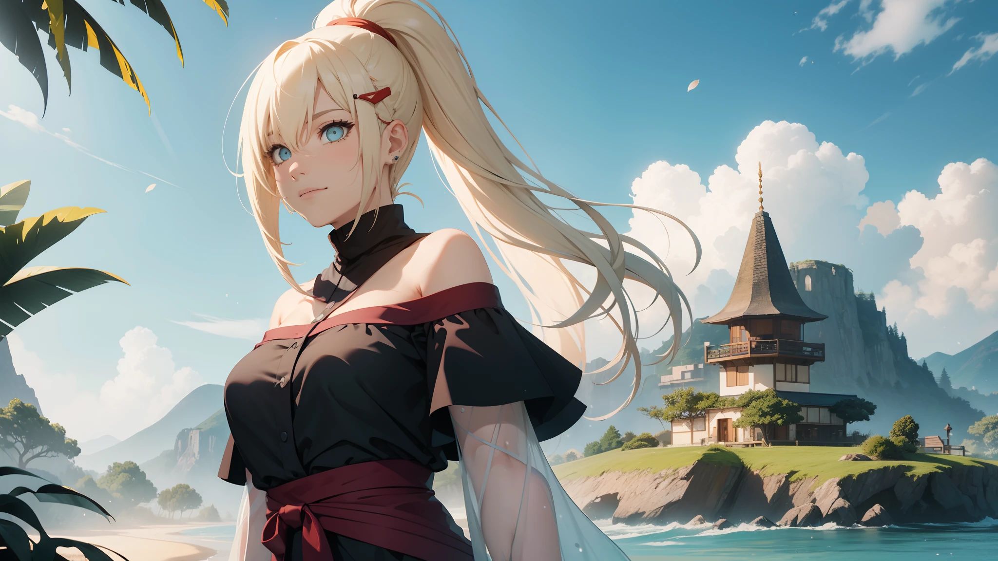 "the Extremely Detailed CG Unity 8K Wallpapers,tmasterpiece,Best picture quality,【😊Colored Forest,depth of fields,Lots of splashing droplets:1.2,petals,Toys surround,ventania,Foliage,grassy fields,volumettic light】blond hairbl,Be red in the face,ssmile,Half of your body is in water,naruto,Ino,Off-the-shoulder attire,bangs cover one eye,fat,looks into camera,sea beach,swim wears,clouds,sandbeach,
