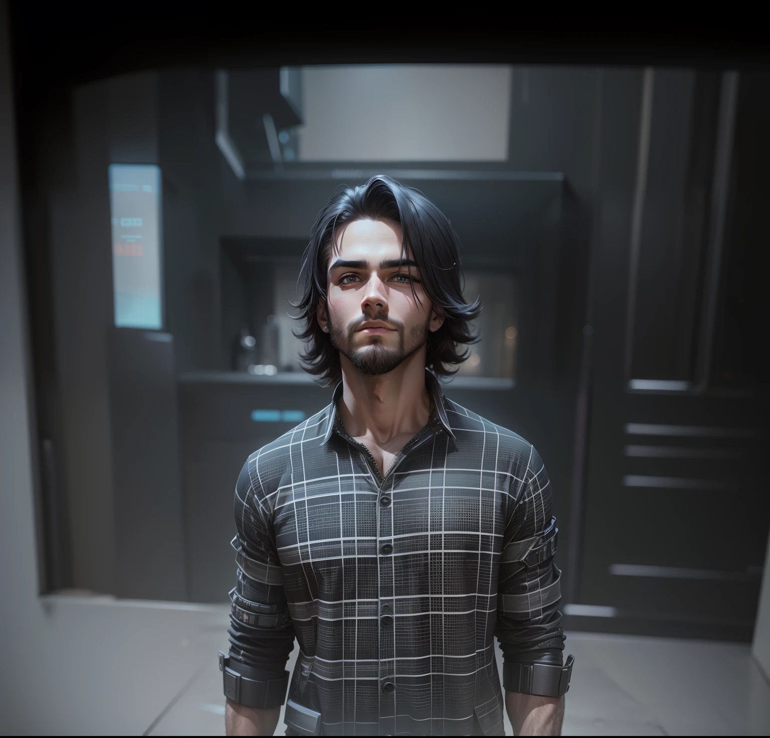 cyber punk handsome boy with perfect matching face with uploaded image and Normal medium beard and muscular body shape and dark background