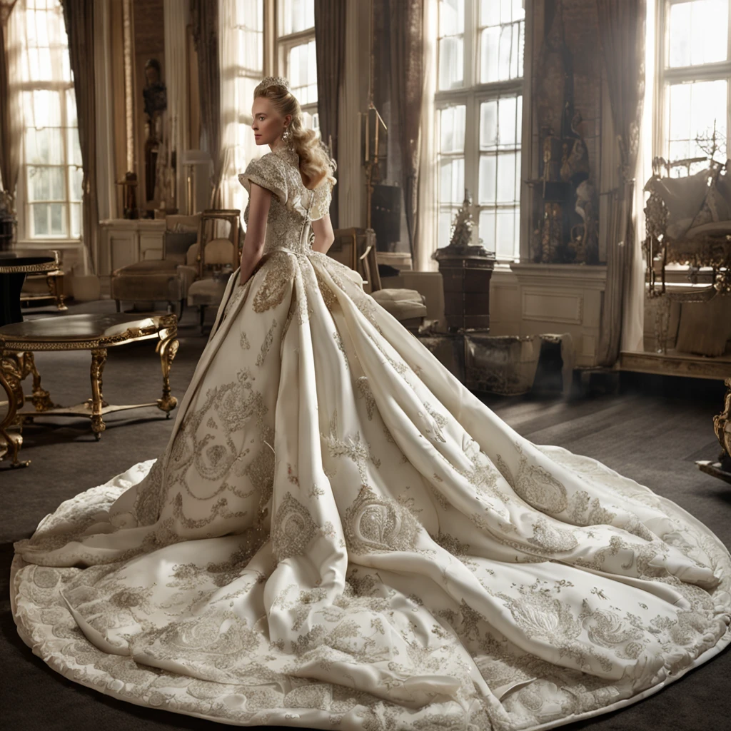 Best quality, Masterpiece, a stunningly beautiful Greer Grammer as a royal bride wearing a stately and elaborate royal wedding dress of white satin and tulle adorned with huge ribbon bows, lace, frills, flounces, embroidery and jewels, with enormous puffed sleeves, an hourglass waist and a voluminous crinoline hoopskirt, bustle, and train, long white gloves, pearl necklace and earrings, elaborately curled and styled hair