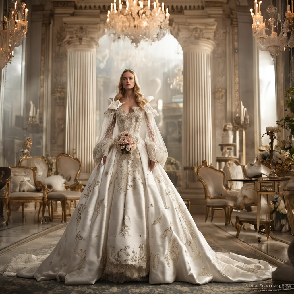 beautiful adult woman, high qualiy, best qualityer, high resolution, platinum blonde hair with high detail, (high-fashion), wedding ball gown, white gown, manga curta, standing, neckleace, tiara, (cathedral, ornated), ((rim lighting)) (eyeshadows)  hand on hip,
