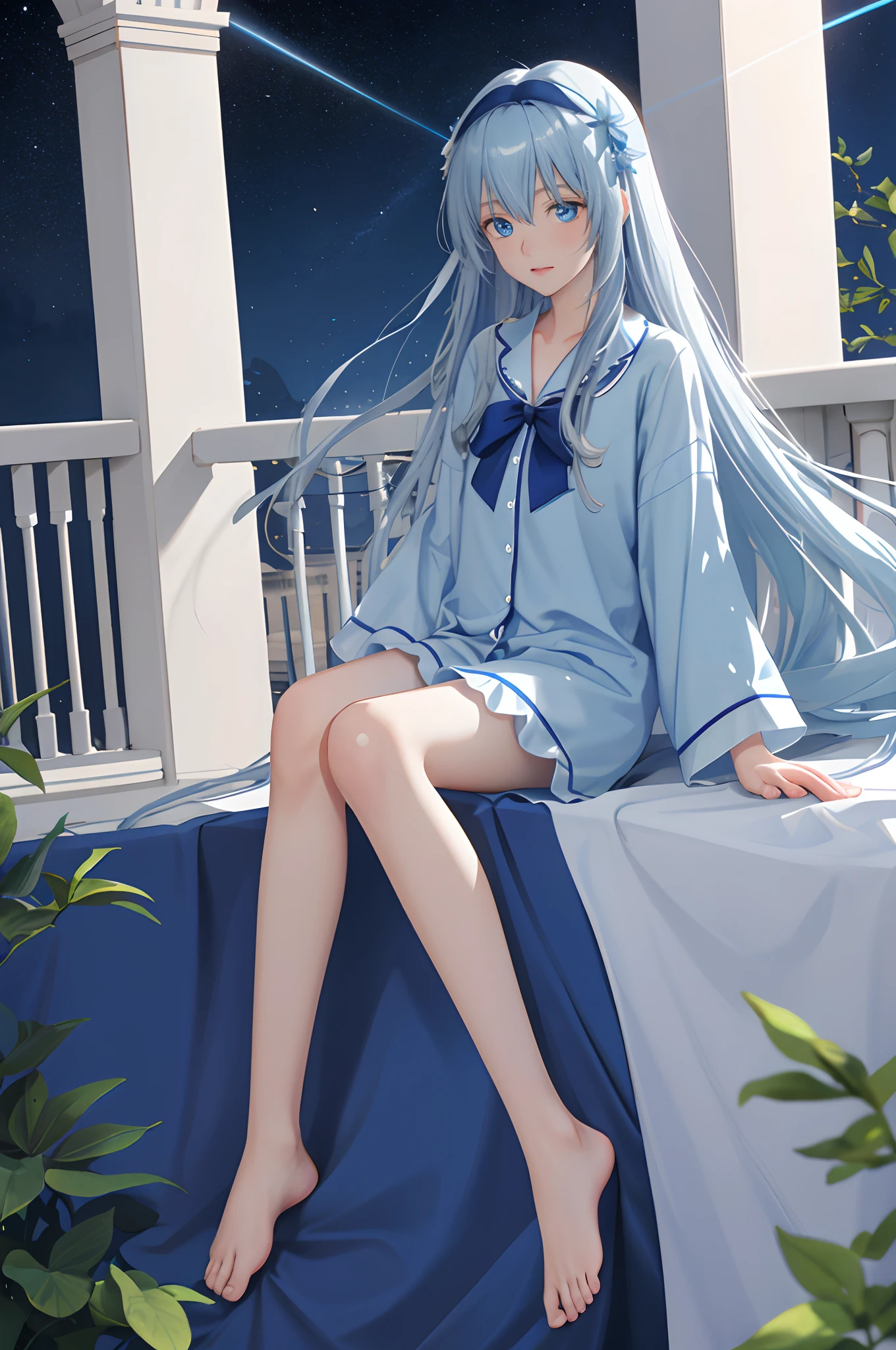 Starry sky overhead, Sitting on the balcony, A plant, one-girl, dark-blue hair,long whitr hair，eBlue eyes，pyjamas, Long legs，White legs,The barefoot， bow hair band, Motion blur, 8K, Super detail, High details, Best quality