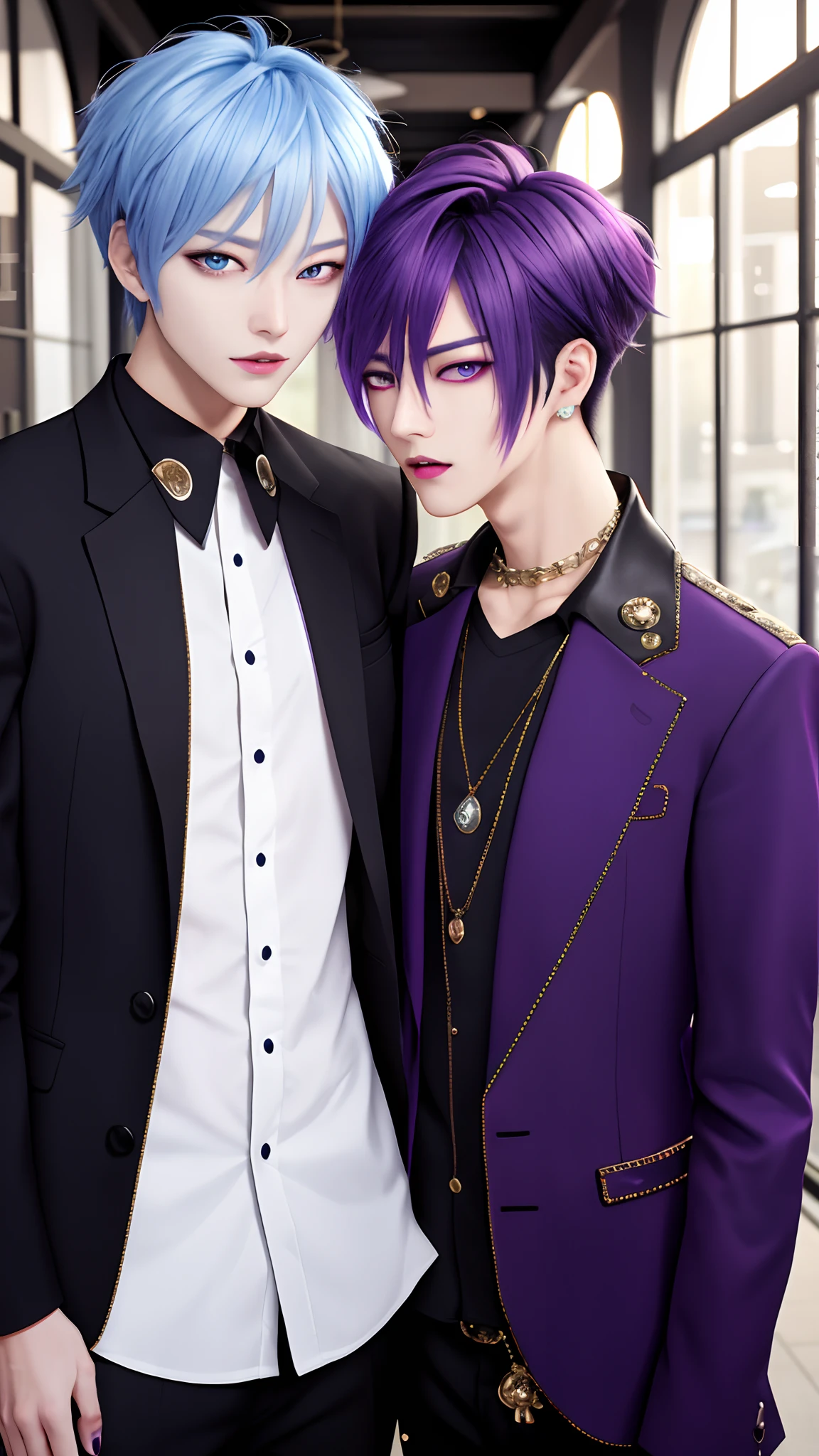 masterpiece, top-quality, 2Others, Male couple, 1 man and 1,, Adults, Height difference, different fashion, different color, finely eye and detailed face, intricate detailes, Casual clothing, Oversized shirt, Modern urban streets, A smile, Happiness, tenderness, queers, high-level image quality、 Two beautiful men、tall、The upper part of the body、nightfall、nighttime scene、𝓡𝓸𝓶𝓪𝓷𝓽𝓲𝓬、Two Men Kissing, Korean Male, Idol Photos, k pop, Professional Photos, Vampires, Korean fashion in black and white, Fedoman with necklace, inspired by Sim Sa-jeong, androgynous vampire, :9 detailed face: 8, extra detailed face, detailed punk hair, ((eyes are brown)) baggy eyes, Seductive. Highly detailed, semi realistic anime, Vampires, hyperrealistic teen, delicate androgynous prince, imvu, short hair above the ears, Man with short hair, Purple-haired man with a glaring expression and a man with light blue hair with a gentle expression, With a short-haired man with bright purple hair, Man with light blue hair, kiss together, Kissing each other,