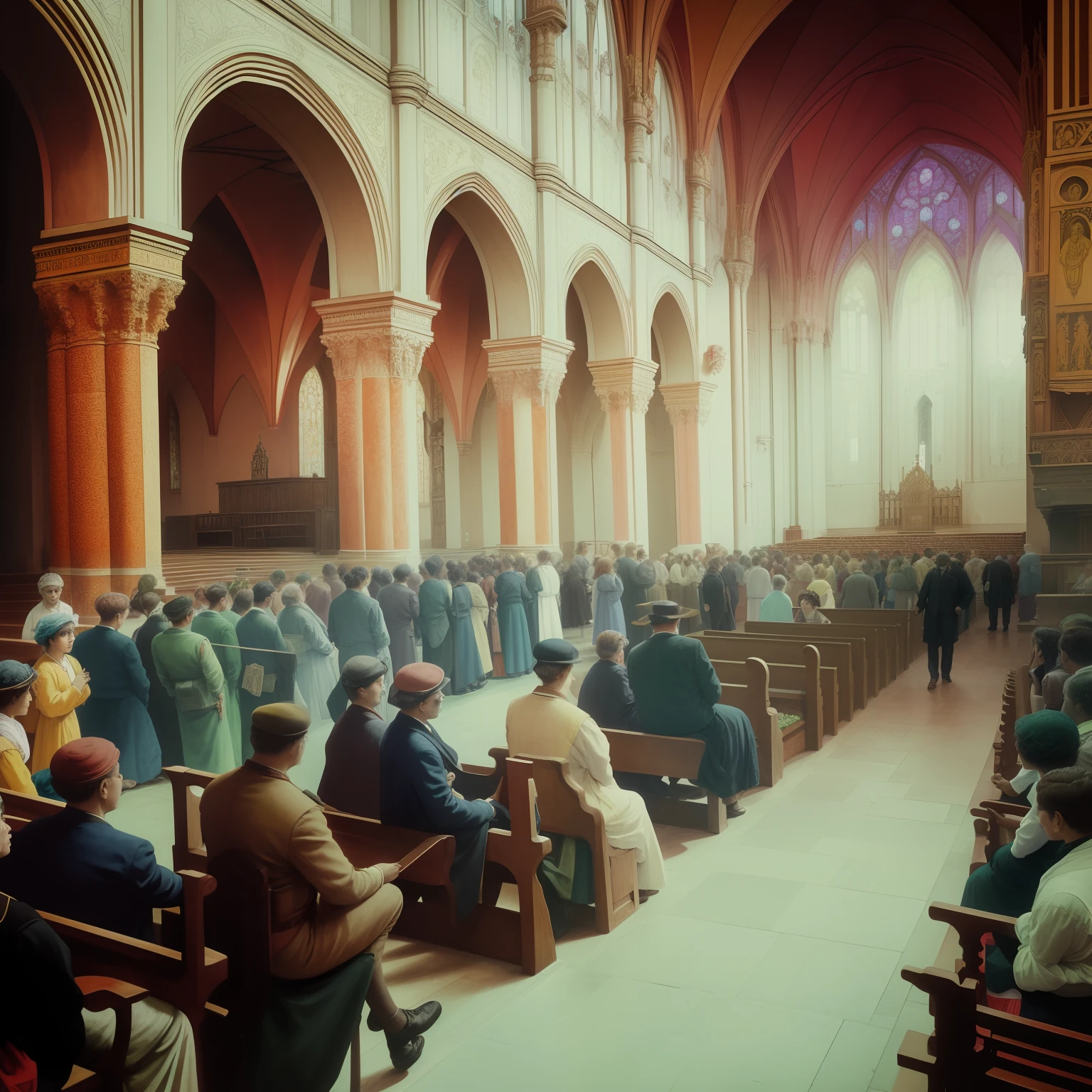 Fotografia de Arafed de um grande grupo de pessoas sentadas em uma igreja, colorido 1 9 0 4 foto, em uma grande catedral, foto colorida premiada, foto colorida, colorido, colorido, uma foto colorida, fotografia colorida, colorido, Beeple e Alphonse Mucha, em uma igreja. arstation, 1914