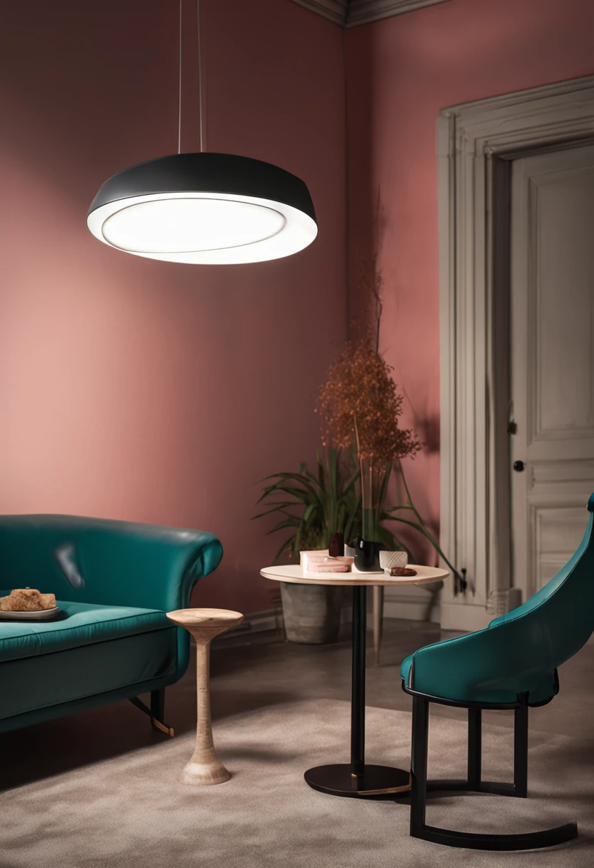 Artistic furniture，white wall，Curved stools，Black hanging light