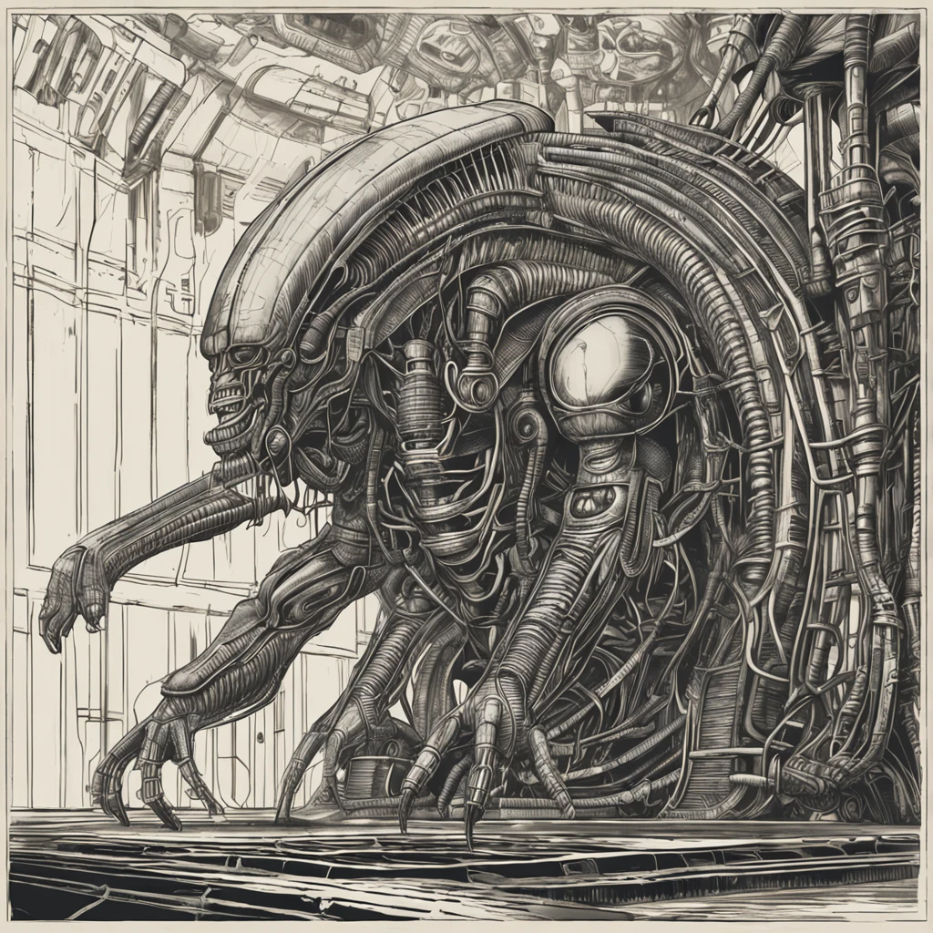 xgiger, The image is a detailed view of H.R. Giger's biomechanical tableau \" Necronom  V\" plate, featuring
 a stylized digital artwork featuring a close-up of a robotic face with a mouth open, set against a backdrop of industrial machinery., that appears to be a fusion of organic and mechanical elements, with a focus on the interplay between the two.The piece is a tableau, most likely created with a India ink pen or pencil on paper, determined by the thin lines, shading techniques, and the texture of the paper, which is visible around the edges.
Used is pen, given the shading and variations in line weight visible in the image. Artist have used a variety of stylus with different degrees of hardness to achieve the shading effects.
 The use of undersaturated green-grays dark contrasts creates a stark and graphic look. Is used a variety of linework techniques to create different textures. Fine, parallel lines create a smooth, metallic texture,while thicker, more cursive lines suggest cables or wires.
Light source from the top highlights skeletals, pper part of foreground, lower part of image is in shadowupper part of foreground, lower part of image is in shadow.
The art performance showcases the artist’s skills in observation and rendering. The level of detail in the piece suggests a close study of real bone specimens and mechanics. The artist has skillfully used shading techniques to create a convincing illusion of three-dimensionality on a flat surface. The wrinkles and cracks in the surface, and the cast shadows with accuracy, used shading techniques to create a realistic depiction of light and shadow on the objects. This creates a sense of depth and dimension in the image. The artist has used careful linework to depict the contours and textures in the piece
Sharp focus on foreground elements illustration. Deep and delicate DOF. Big painting. Stored in Louvre masterpiece, ooze soaked pajama top
