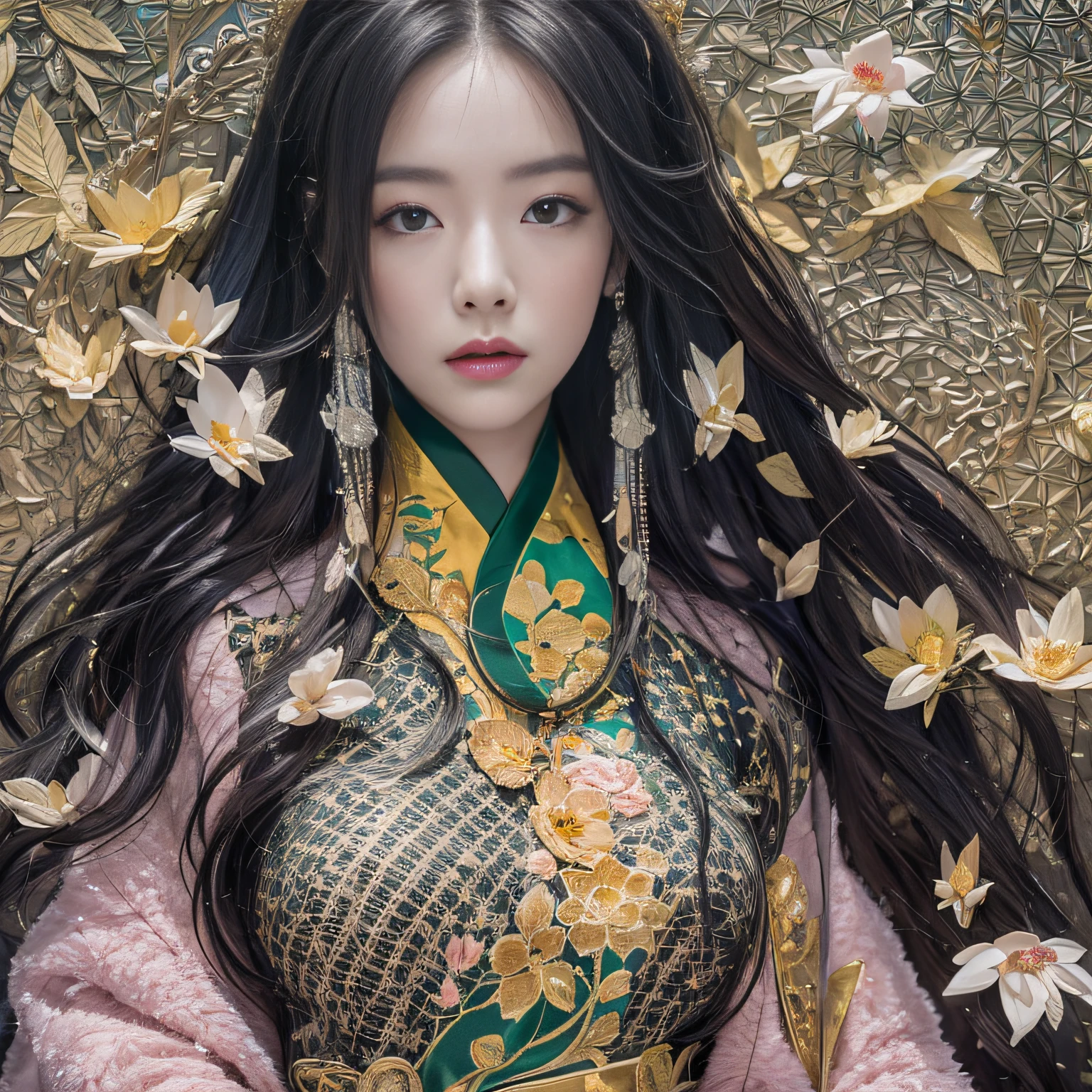32K（tmasterpiece，k hd，hyper HD，32K）Long flowing black hair，ponds，zydink， a color，  Xuzhou people （Sexy girl nipple）， （Yellow-green silk scarf）， Combat posture， looking at the ground， long whitr hair， Floating hair， Carp pattern headdress， Chinese long-sleeved cheongsam， （Abstract gouache splash：1.2）， Pink petal background，Pink and white lotus flowers fly（realisticlying：1.4），Black color hair，Fallen leaves flutter，The background is pure， A high resolution， the detail， RAW photogr， Sharp Re， Nikon D850 Film Stock Photo by Jefferies Lee 4 Kodak Portra 400 Camera F1.6 shots, Rich colors, ultra-realistic vivid textures, Dramatic lighting, Unreal Engine Art Station Trend, cinestir 800，Long flowing black hair，see-through transparent clothes