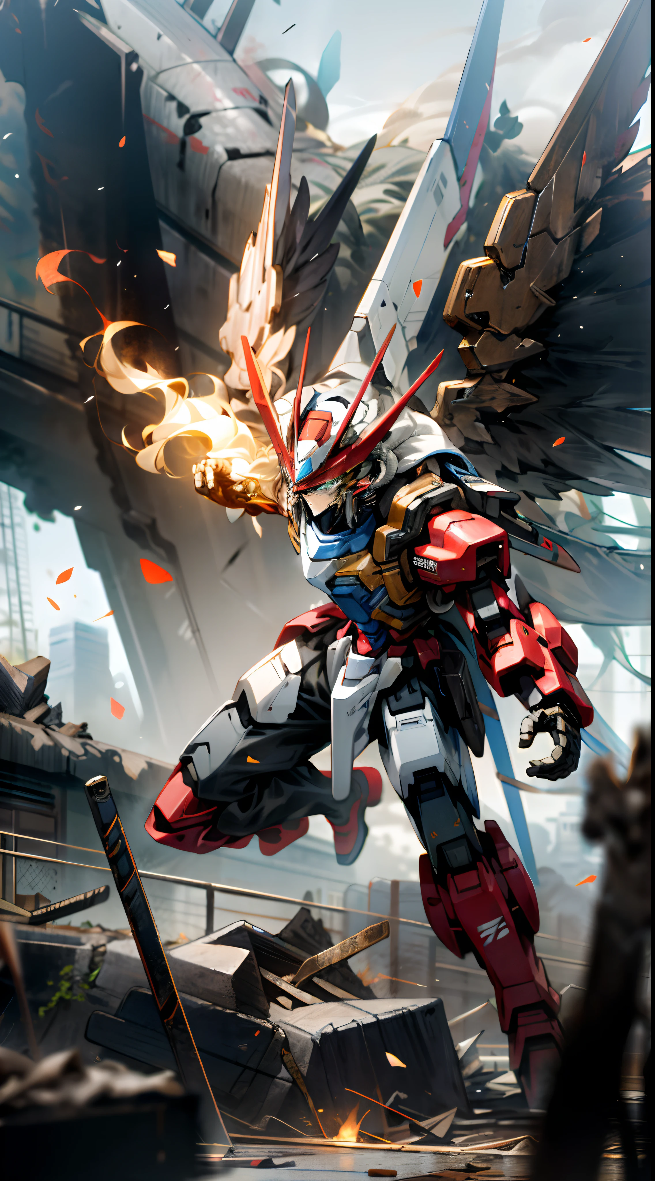 surrealism, Ray tracing, hyper HD, High details, 8K, Best quality, Textured skin,Gundam Mech,Dragon wings,tmasterpiece,best qualtiy,mechs,A ager levitates in the air,(full bodyesbian),(Black Mech:1.5),(轴对称:1.4),(hdr),(cinematric light:1.1),White eyes,Cool,scientific fiction,firey,Don Dao,karo,conflict,Background of the destroyed city with a Tang knife,(Armed with a huge weapon:1.5),Mecha male,