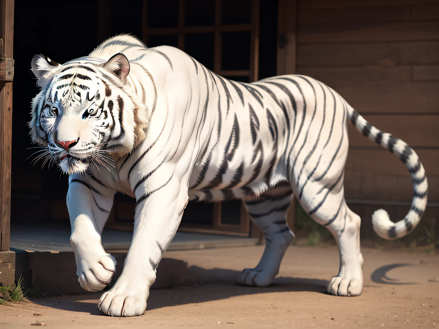 The white tiger wagged its tail,Look at the camera amusedly
