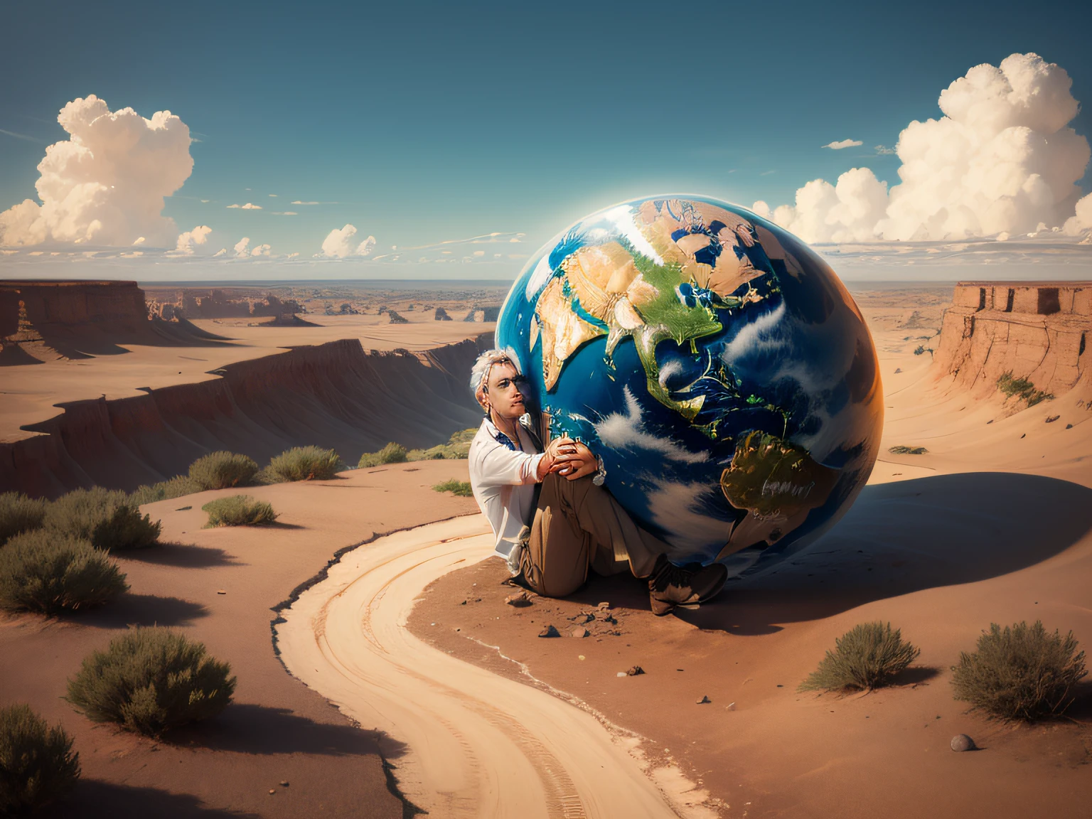(The earth's water has dried up)(A man holding the earth in his hand)(Dried tears)