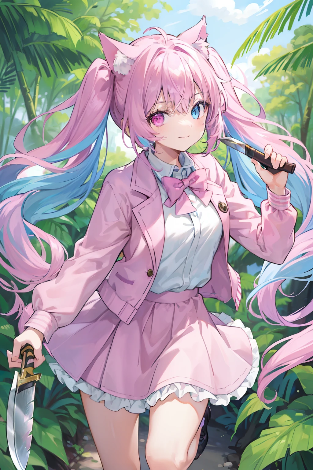 masterpiece, best quality, 1girl, solo, light purple hair, long hair, twintails, Heterochromia, ((pink right eye)), ((light blue left eye)), a cat ears, in the jungle, ((jumping in the air)), ((holding a knife in both hands)), confident, smile, jacket, skirt