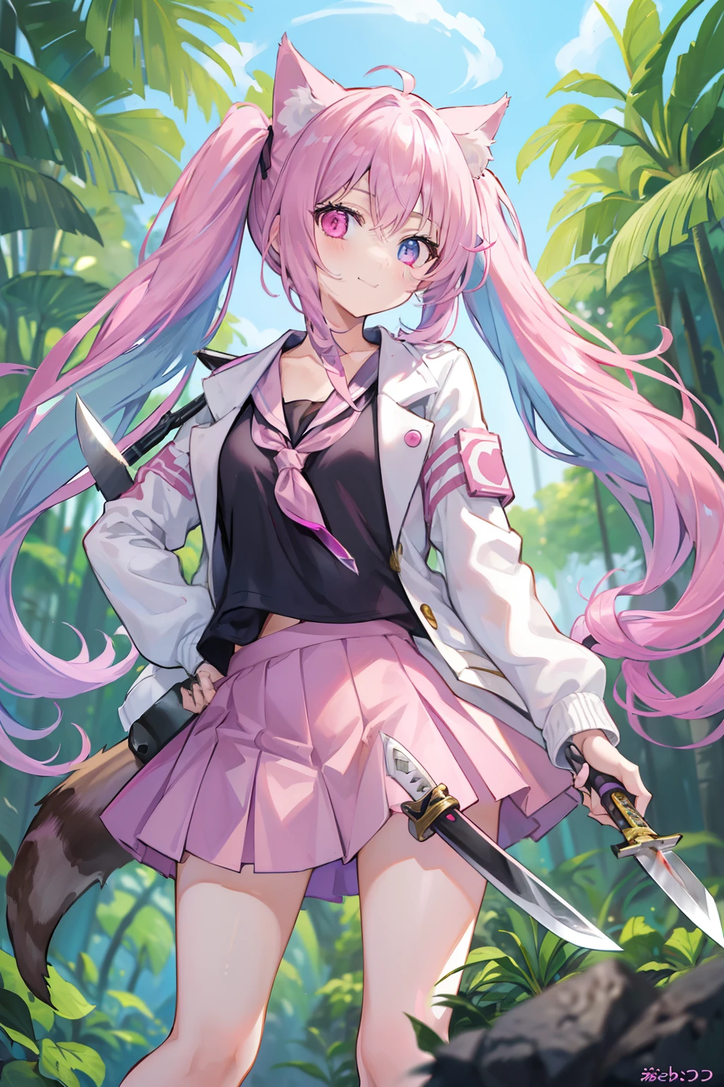 masterpiece, best quality, 1girl, solo, light purple hair, long hair, twintails, Heterochromia, ((pink right eye)), ((light blue left eye)), a cat ears, in the jungle, ((with a knife in both hands)), crouching on one's knees, wielding a knife, confident, smile, jacket, skirt