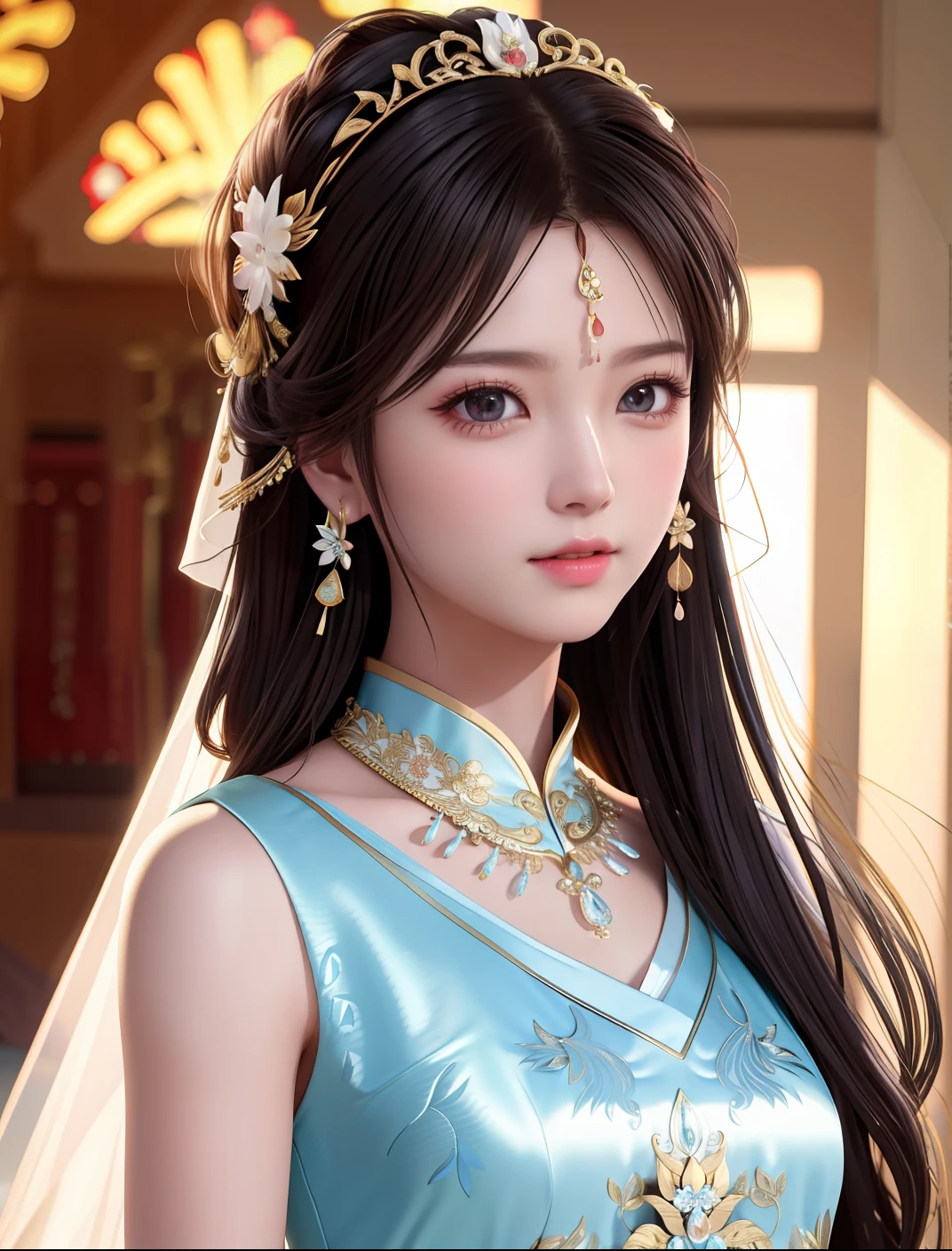 best quality, masterpiece, highres, 1girl,china wedding dress,hair ornament,necklace, jewelry,Beautiful face,upon_body, tyndall effect,photorealistic, dark studio, rim lighting, two tone lighting,(high detailed skin:1.2), 8k uhd, dslr, soft lighting, high quality, volumetric lighting, candid, Photograph, high resolution, 4k, 8k, Bokeh