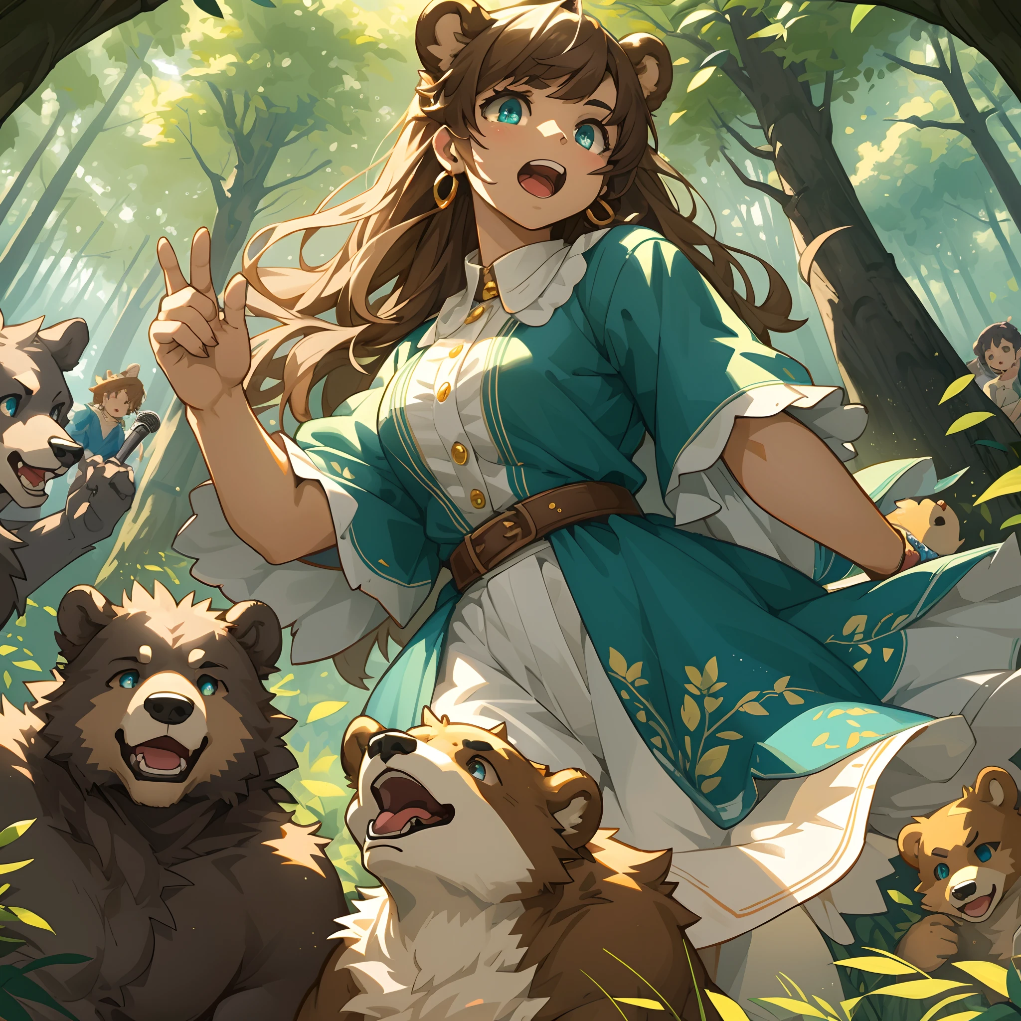 top quality, best quality, High-quality illustrations, masterpiece, super high resolution, detailed background, bear chase girl, forest, bear holding earring, bear and girl singing, 6+boys, 6+girls, absurdres(highly detailed beautiful face and eyes)perfect ???????, expression, good lighting, cinematic shadow, assorted poses, dynamic angle,