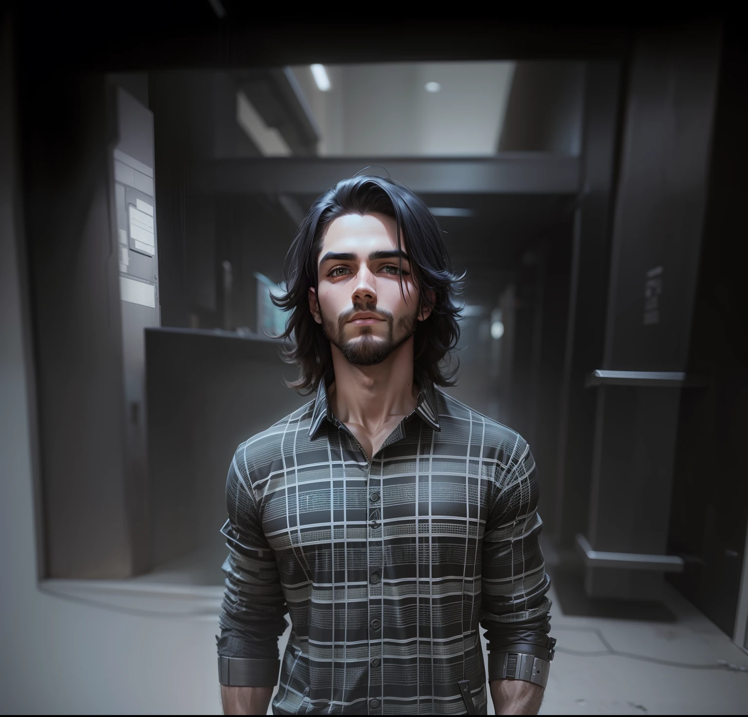 cyber punk handsome boy with perfect matching face with uploaded image and Normal medium beard and muscular body shape and dark background