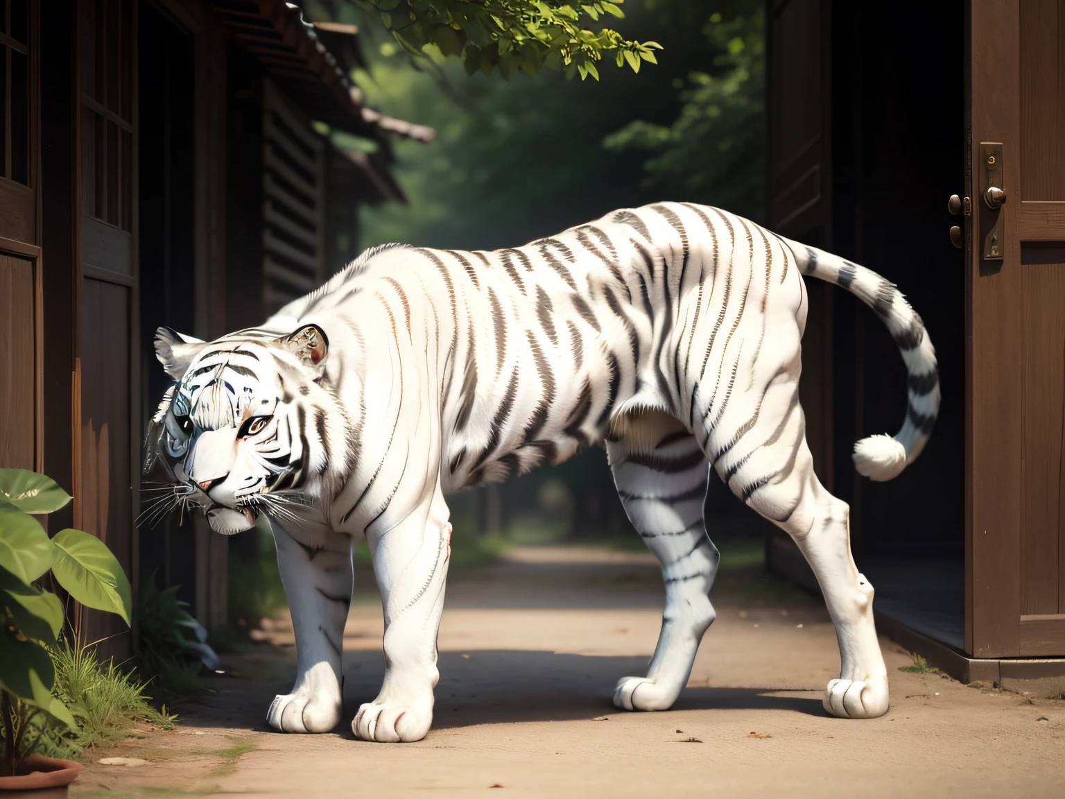 The white tiger wagged its tail，Look at the camera amusedly