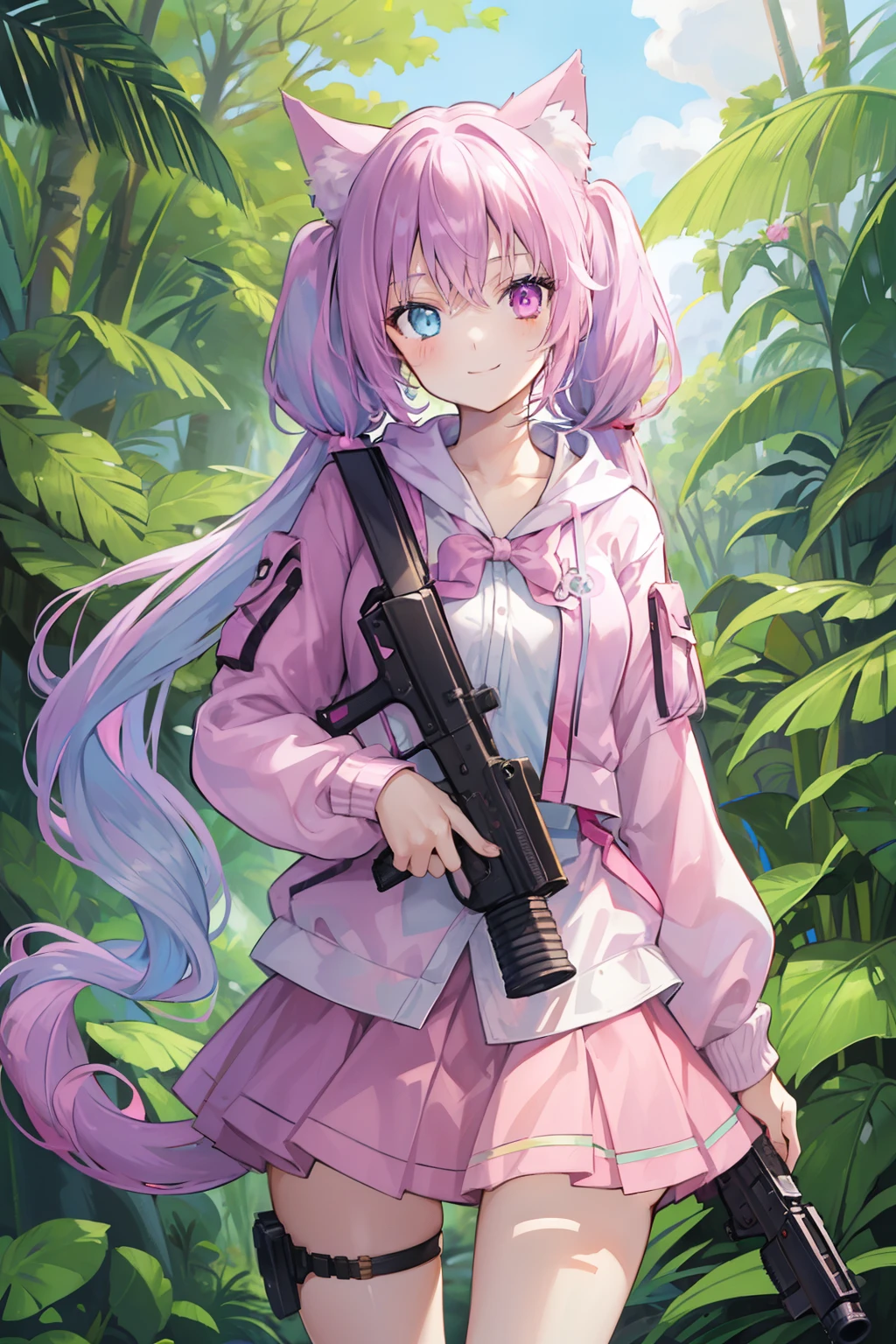 masterpiece, best quality, 1girl, solo, light purple hair, long hair, twintails, Heterochromia, ((pink right eye)), ((light blue left eye)), a cat ears, in the jungle, ((holding a gun)), ((holding a grenade)), confident, smile, jacket, skirt