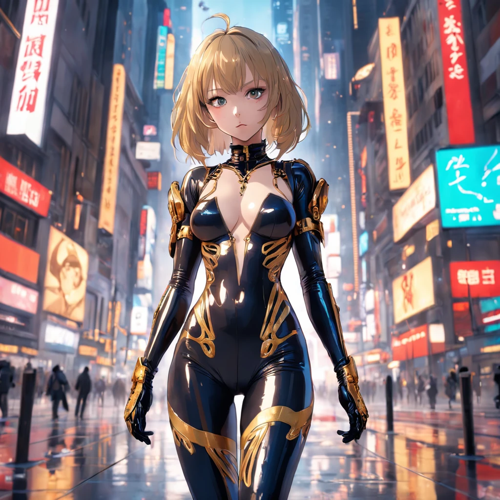 (((best quality))), (((masterpiece))), solo, super fine photo, full body picture Unreal Engine 5 8K UHD, beautiful girl, face detailed, wearing skin tight latex catsuit with gold lace, latex collar, latex gloves, latex long socks with straps, arm and leg cuffs, unified 8k wallpaper, hyper detailed, sharp focus, walking in the futuristic city.