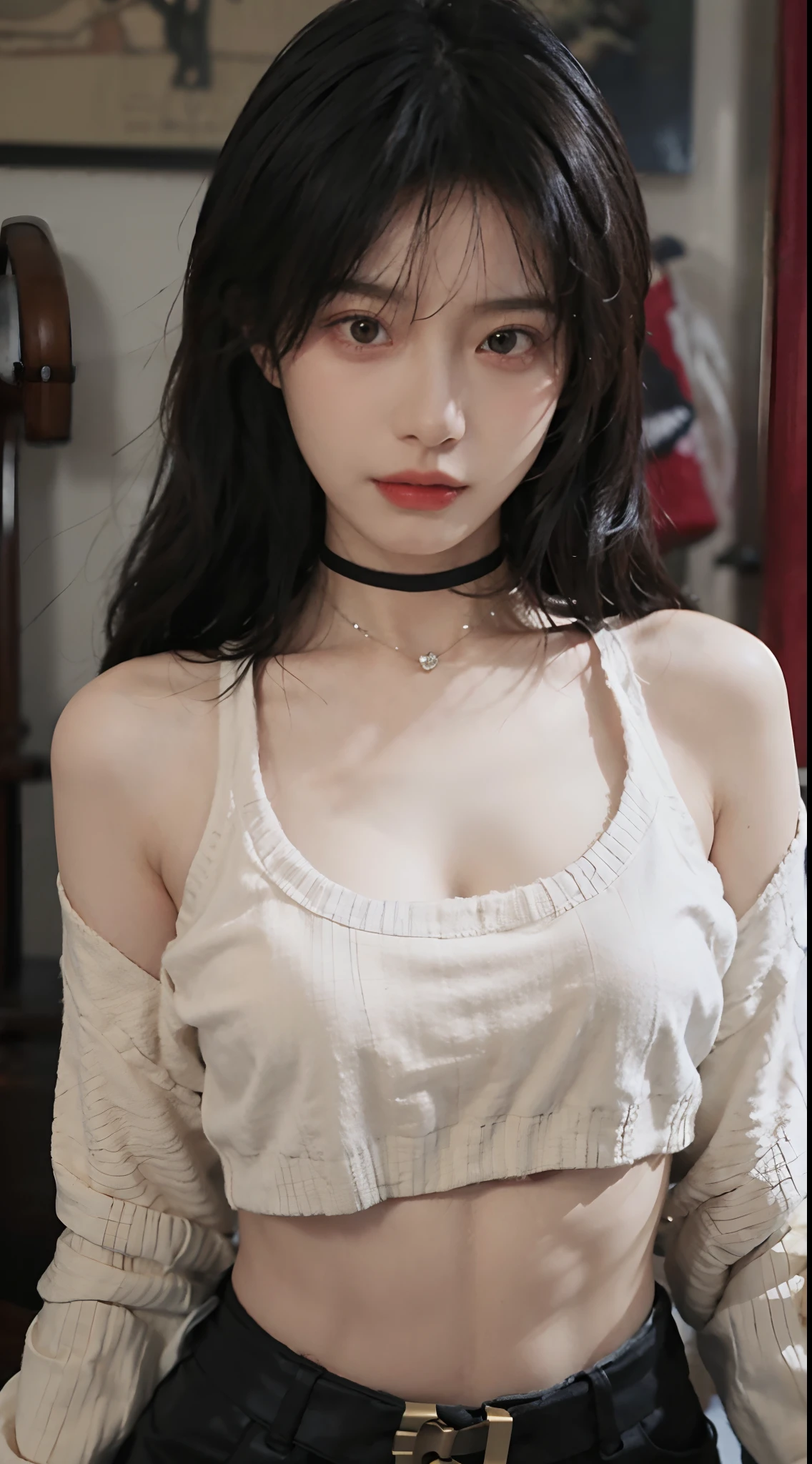 best qualtiy， 超高分辨率， （realisticlying：1.4），Baoyu Girl，lipsticks，1girll, ,Cropped red sweater，a sense of atmosphere，Beautiful woman with a slim figure:1.4, Abs:1.1,   浴室,Ultra-fine face，Leather clothes，Elaborate Eyes，二重まぶた，choker necklace