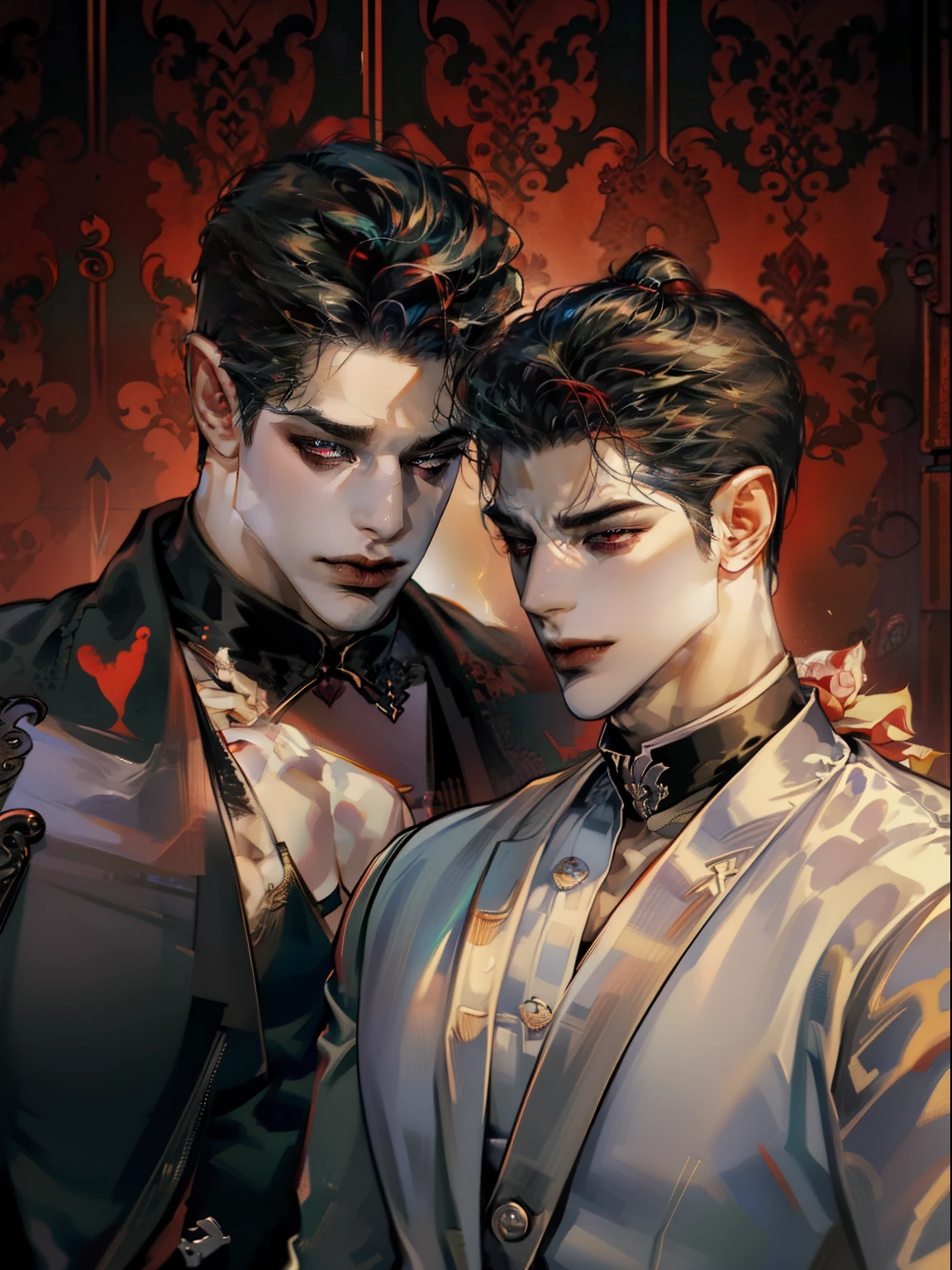 Mafia Noir Casino Gambling Bar Vampire dominant alpha gay couple macho sexy handsome demon adult men with tattoos big chest big abs slicked back hairstyle smoking red eyes charisma goth ((perfect face structure)) detailed stylized ((handsome male couple)) ((men kissing)) ((perfect eyes))