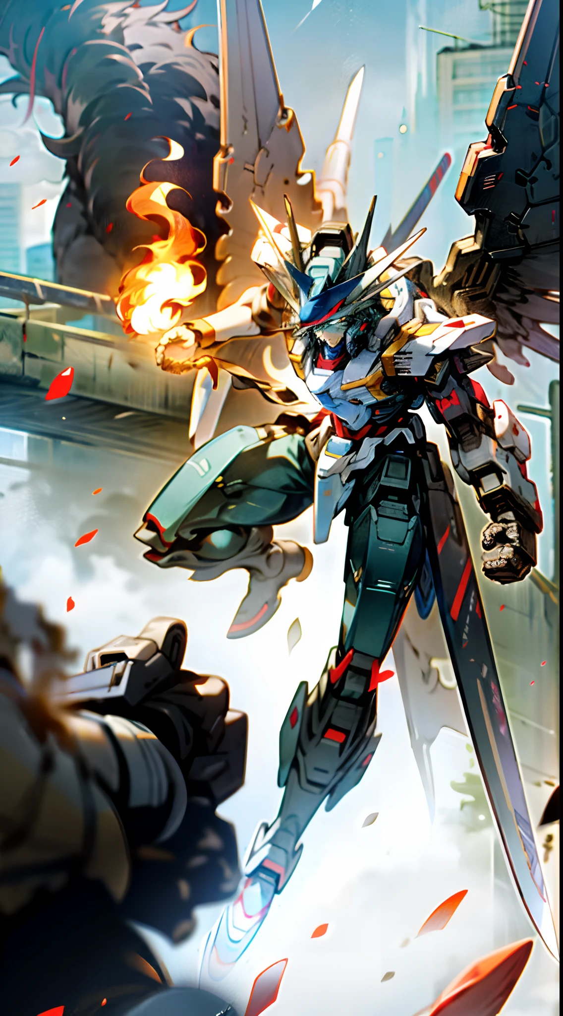surrealism, Ray tracing, hyper HD, High details, 8K, Best quality, Textured skin,Gundam Mech,Dragon wings,tmasterpiece,best qualtiy,mechs,A ager levitates in the air,(full bodyesbian),(Black Mech:1.5),(轴对称:1.4),(hdr),(cinematric light:1.1),White eyes,Cool,scientific fiction,firey,Don Dao,Fight monsters,Background of the city destroyed with a tang knife,(Armed with a huge weapon:1.5),Mecha male,