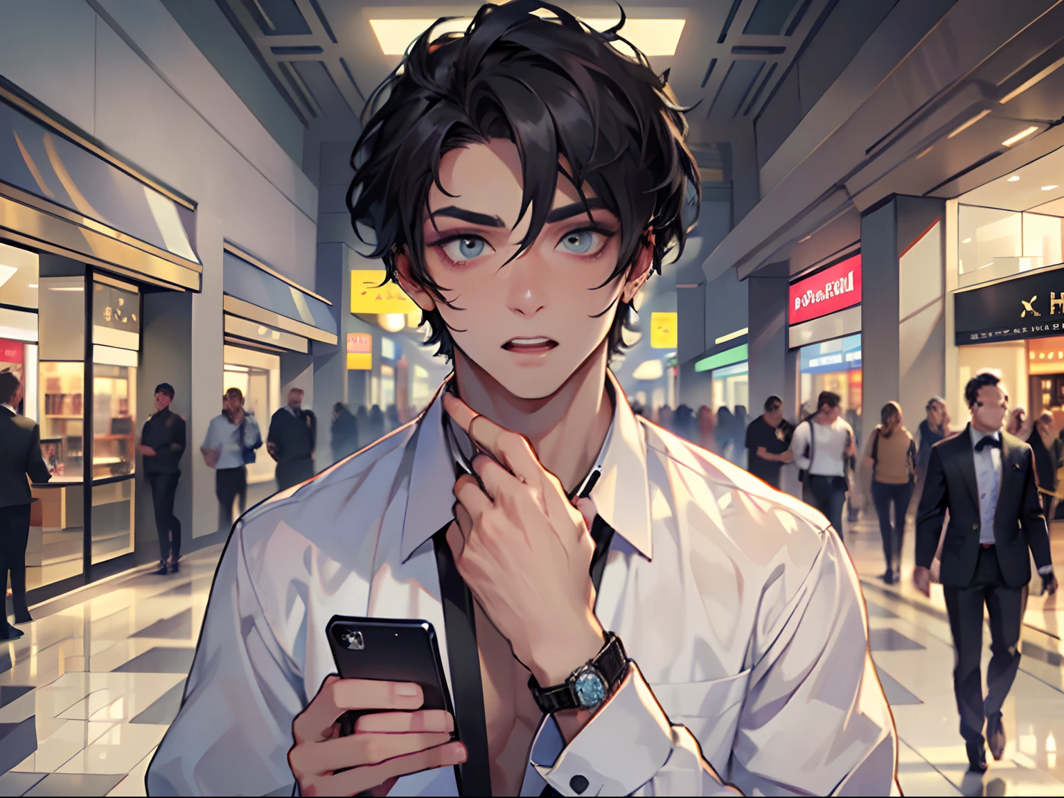 (A boy in a white shirt and short black hair standing in the mall looking at the camera: 1.5) (holding a mobile phone in his hand: 1.4) (eyes wide open: 1.3) (hands spread: 1.5) (exquisite jewelry, makeup handsome, handsome, temperament: 1.5) (surprised expression on his face: 1.5), masterpiece, masterpiece,