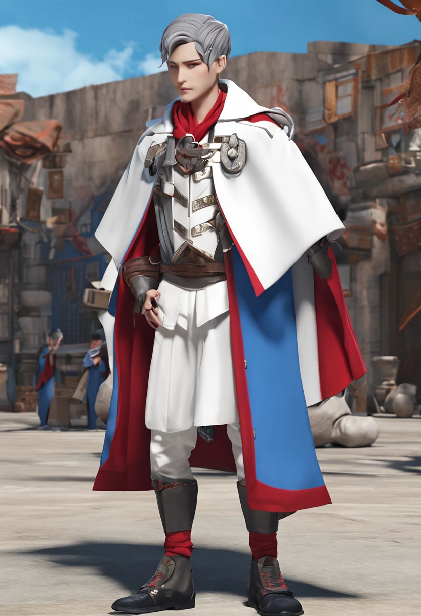 Moxisi，white  shirt、Blue coat，are standing，grey pants，Long red cape，Cap with two horns，Blue and white shoes，Extremely handsome，Slim type，Height 1.5 meters，black color hair，ars old，cartoonish style，Need for HD，Works of masters。