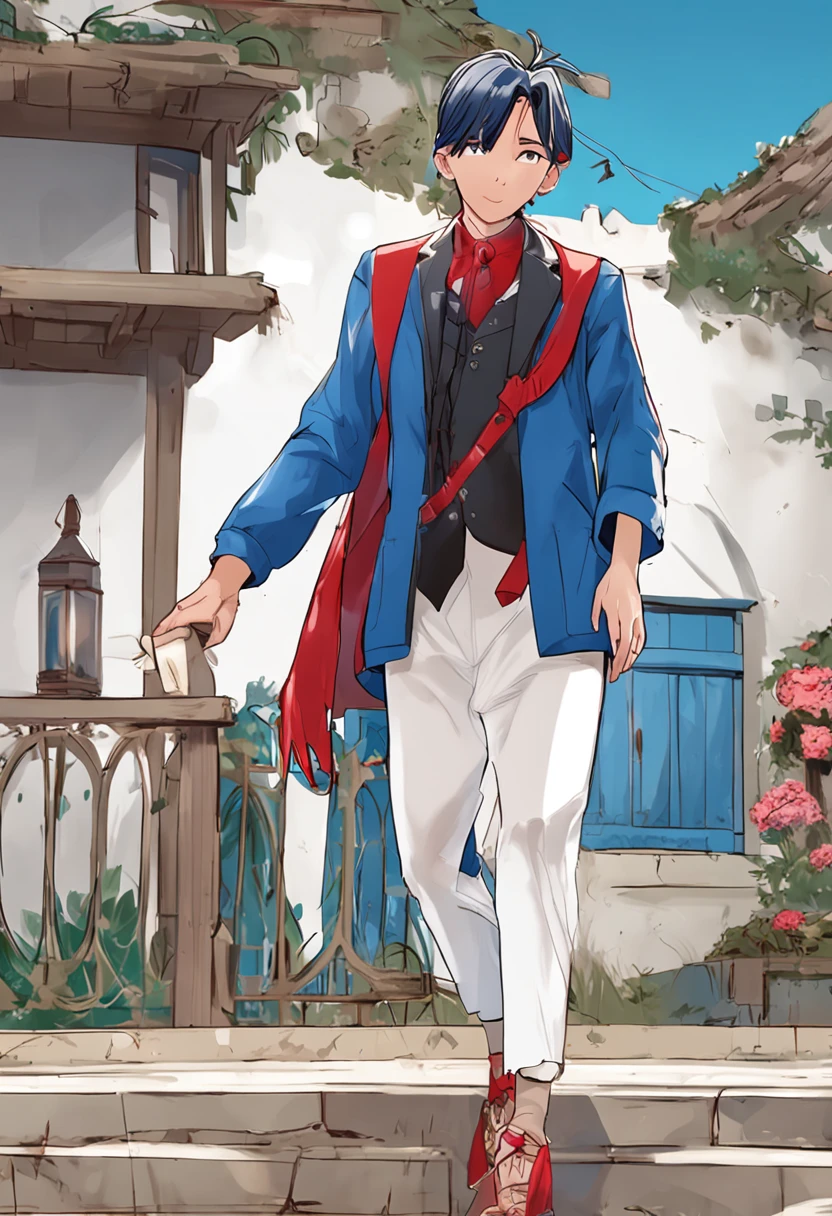 Moxisi,white shirt、Blue coat,are standing,grey pants,Long red cape,Cap with two horns,Blue and white shoes,Extremely handsome,Slim type,Height 1.5 meters,black color hair,10years old,cartoonish style,Need for HD,Works of masters。
