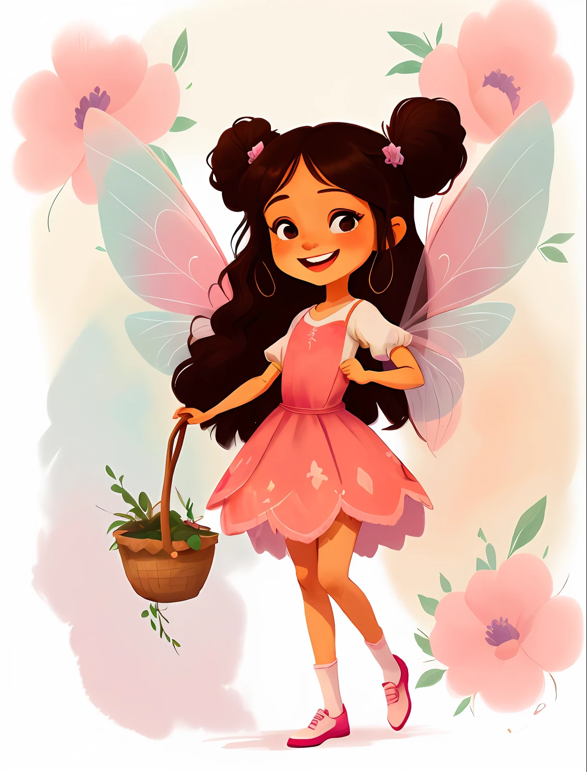 Fada dos desenhos animados cartoon com cabelo castanho longo e vestido rosa com branco, Andando corpo inteiro, full-body drawing showing feet, usando sapatilha rosa delicada, multiples poses and expressions, com as maos na cintura maos em ultra qualidade e lindas, Symmetrical fairy wings, fada bonita, sorrindo como uma rainha de fadas, fada morena, Retrato da princesa da fada, Retrato de uma fada, princesa fada, bela arte digital, Retrato da fada, space flower fairy, painting digital adorable, arte digital detalhada bonito fundo branco simples, fada bonita, Driving style: Marie Angel estilo desenho animado aquarelado, arte estilo aquarela 2D com fundo branco simples