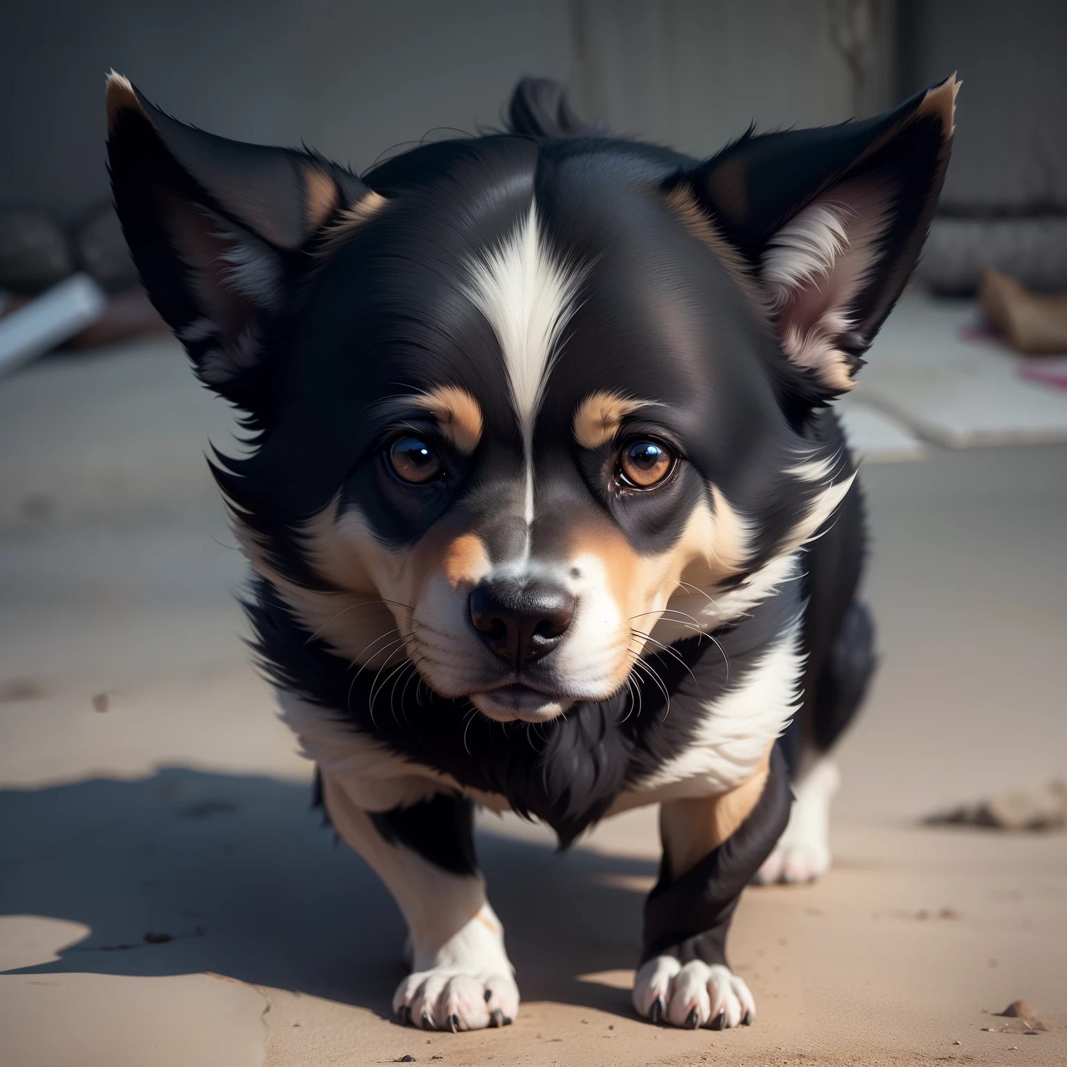 echo Criar personagem: Frightened dogDescription: Dog with frightened expression, corpo inteiro, 2 olhos negros, looking-into-camera.Characteristics: Pelagem variada, orelhas levantadas, cauda entre as pernas, Posture of apprehension.
echo Angle: look straight at the camera.