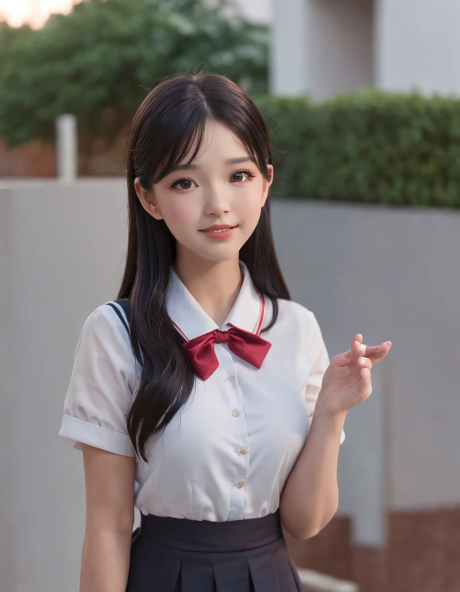 One girl,tsukino_mito,glossy black hair,black eyebrows,long eyelashes,beautiful starry shining eyes,healthy red cheeks,bright smile,mouth open,wearing school uniform,hands folded behind her back,beautiful gradient dusk,standing,viewpoint,highest quality,anaglyph,stereogram,atmospheric perspective,8K,super detail