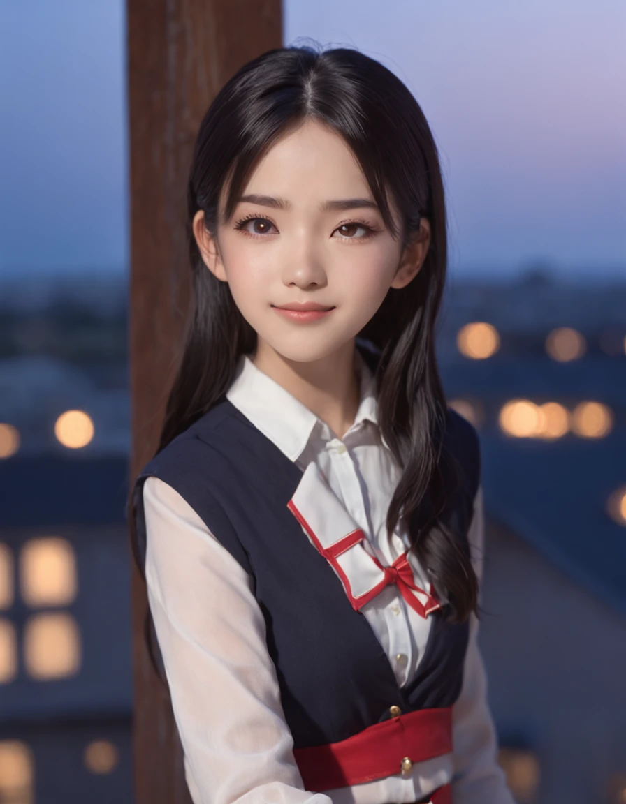 One girl,tsukino_mito,glossy black hair,black eyebrows,long eyelashes,beautiful starry shining eyes,healthy red cheeks,bright smile,mouth open,wearing school uniform,hands folded behind her back,beautiful gradient dusk,standing,viewpoint,highest quality,anaglyph,stereogram,atmospheric perspective,8K,super detail
