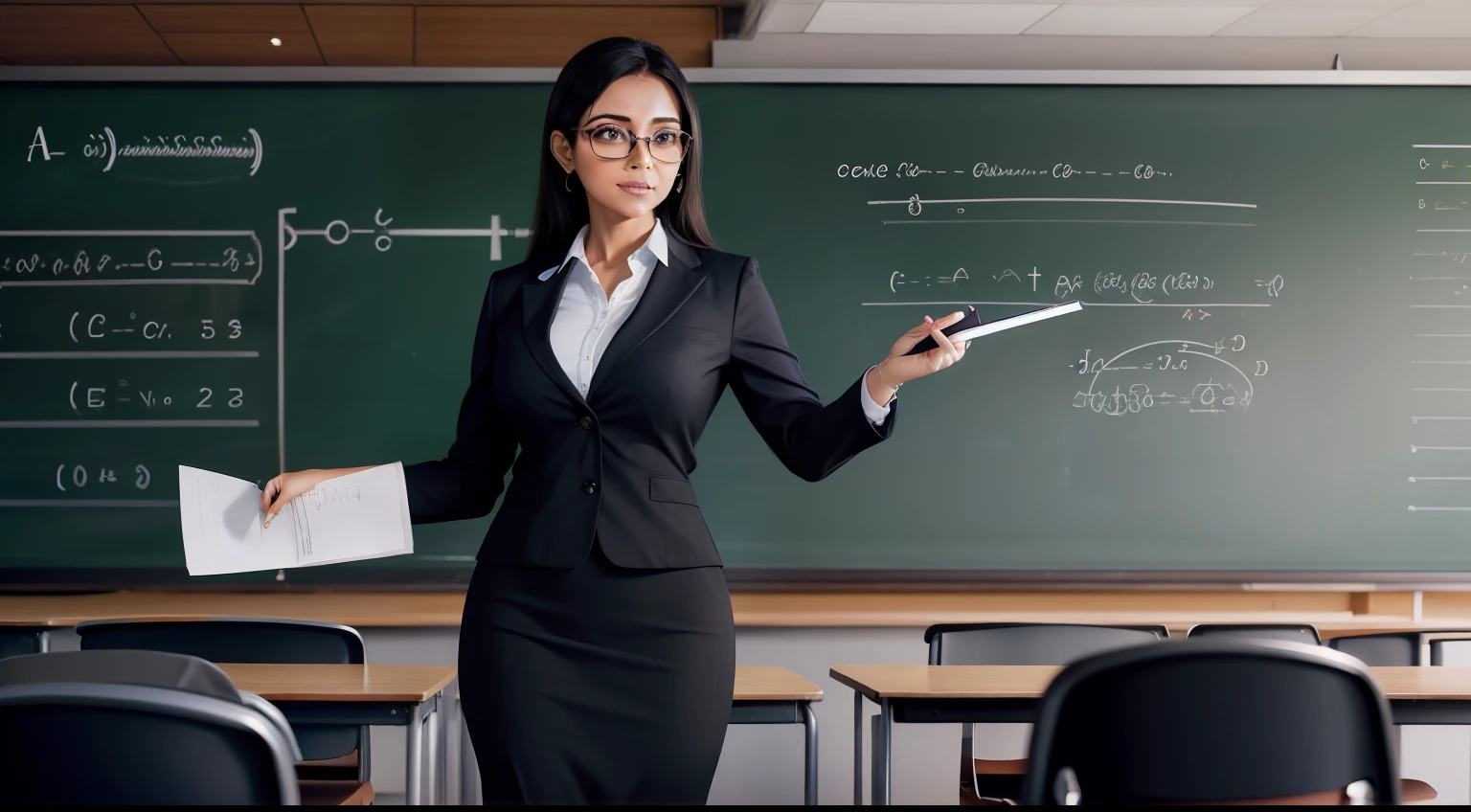 professora de meia idade, Saia, corpo bonito, oculos, Classroom lesson with blackboard behind with equations, alunos assistindo, luz localizada na professora e cores vibrantes