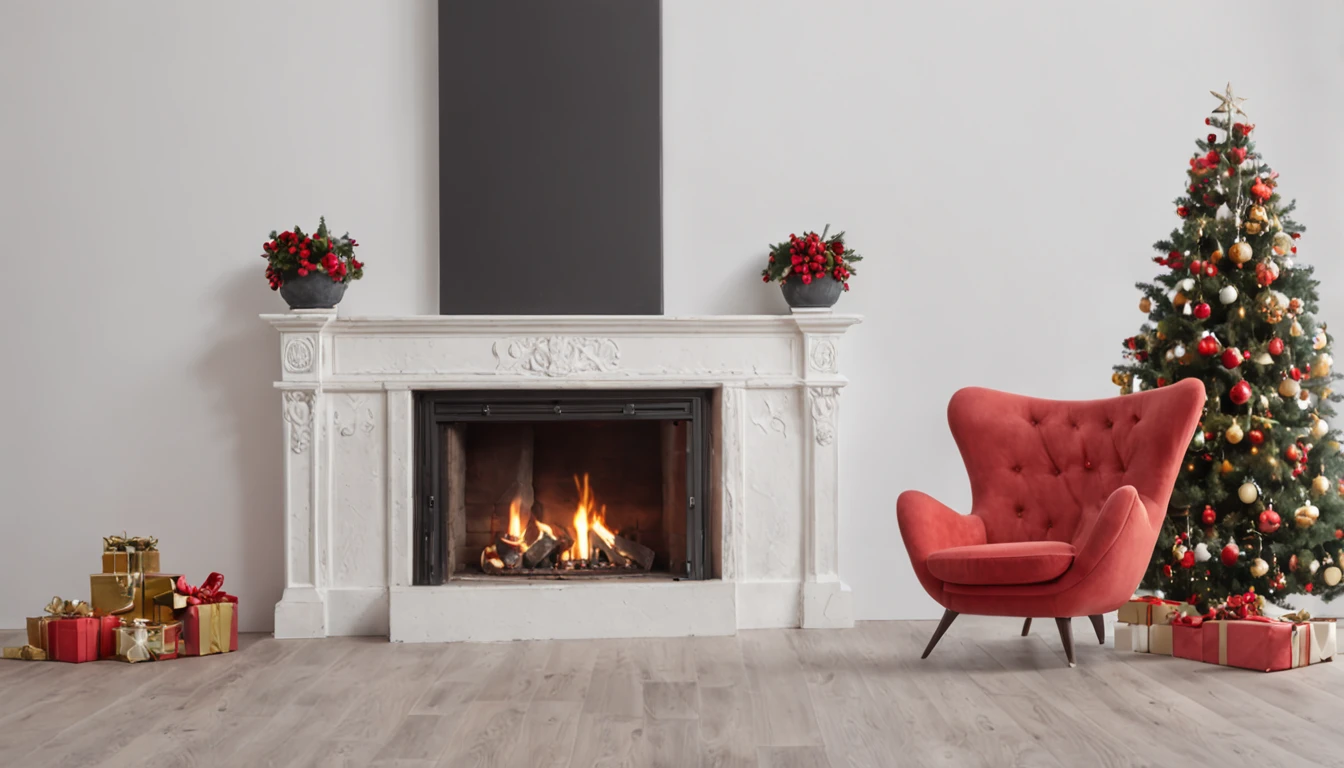 Foto RAW, mejor calidad, A room with rustic walls and wooden floor, una chimenea al frente, An armchair on the right side, A Christmas tree, On the left side a comfortable armchair, una alfombra blanca en el piso, holiday vibe ,
