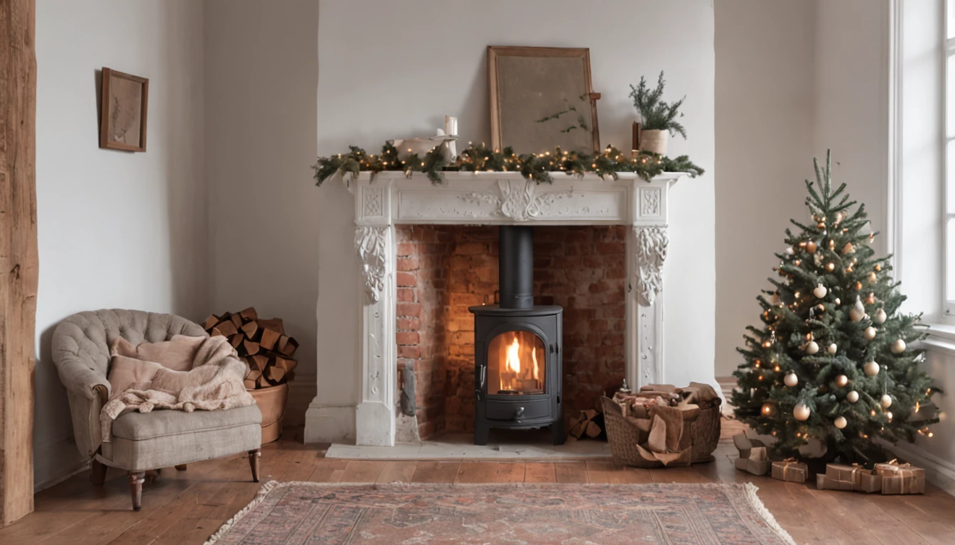 Foto RAW, mejor calidad, A room with rustic walls and wooden floor, una chimenea al frente, An armchair on the right side, A Christmas tree, On the left side a comfortable armchair, una alfombra blanca en el piso, holiday vibe ,
