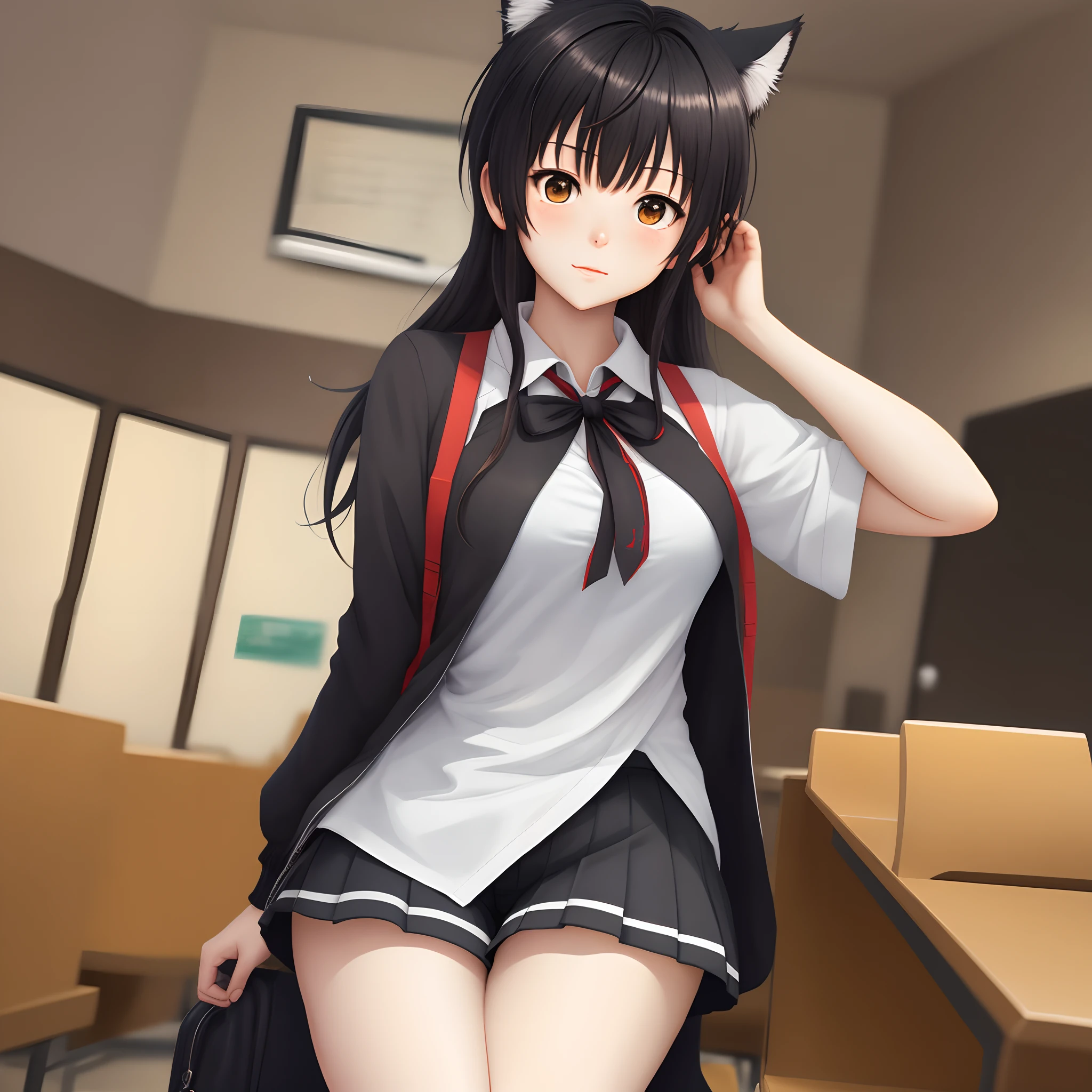 highest quality、masterpiece、1 girl、blush、(smile:1.5)、((fun))、cute、(silver hair)、dog ears、high school girl、((classroom:1.5))、()、sit on the ground with your knees up、Kamimei、look at me、(No panties:1.3)、((shaved pussy:1.5)), ((red bow tie, , black jacket, open jacket, white cardigan, white shirt, black skirt, plaid skirt、black socks))、 (No panties:1.3)、((shaved pussy:1.5))、(highly detailed closed labia:1.5)、light blue eyes、long hair