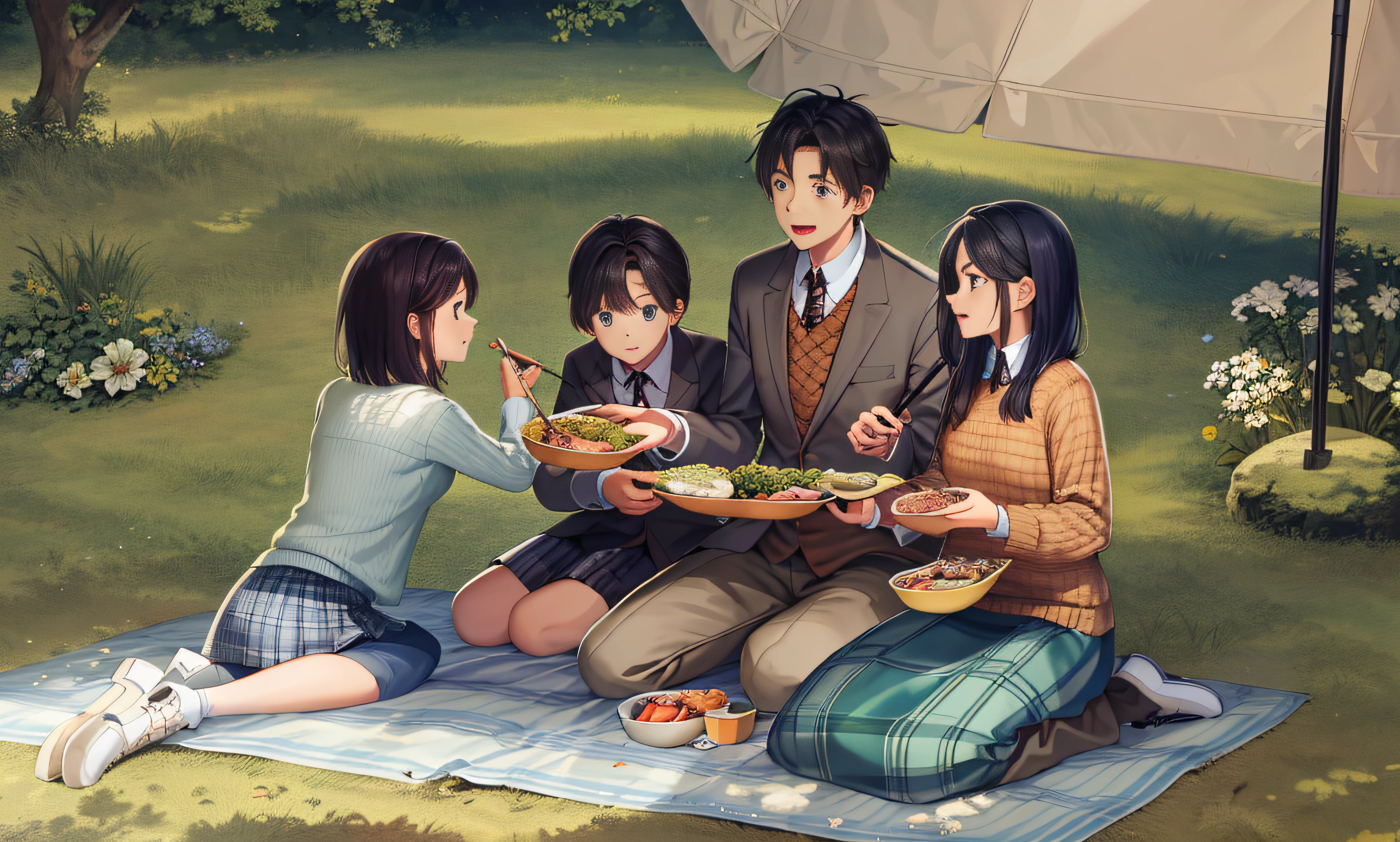 Three people on the grass sat on blankets, people on a picnic, outdoor picnic, forest picnic, delicacies, Haggis for hot pot，illustration，a cartoon illustration，grass field，with blue sky and white clouds