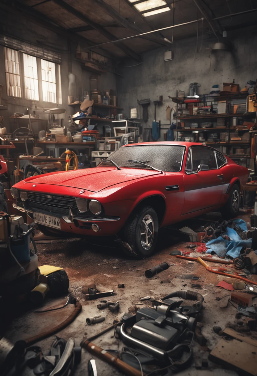 Imagem ultrarrealista, Sports car inside a messy workshop.