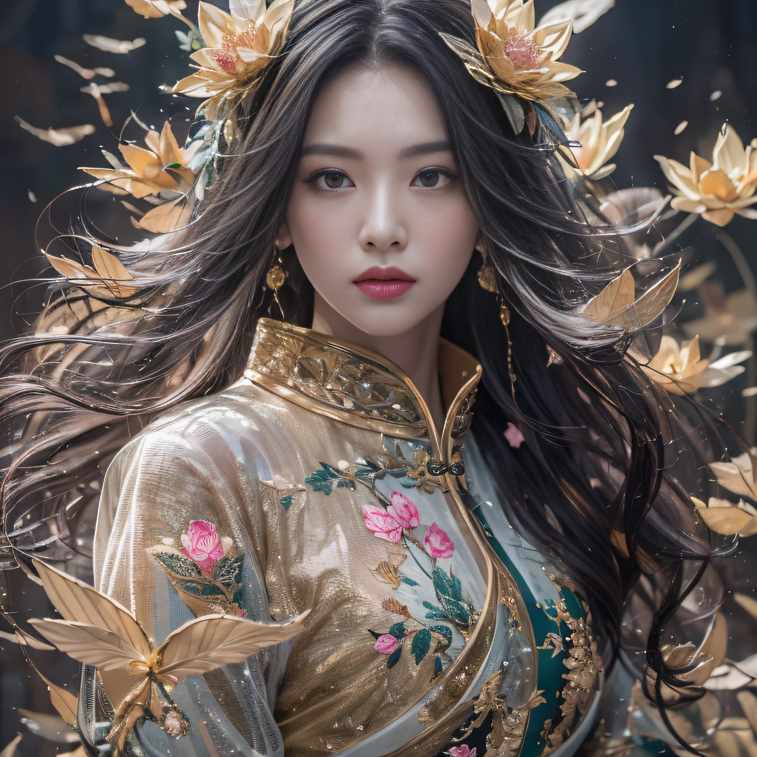 32K（tmasterpiece，k hd，hyper HD，32K）Long flowing black hair，ponds，zydink， a color，  Xuzhou people （Seduce girls）， （Silk scarf）， Combat posture， looking at the ground， long whitr hair， Floating hair， Carp pattern headdress， Chinese long-sleeved cheongsam， （Abstract gouache splash：1.2）， Pink petal background，Pink and white lotus flowers fly（realisticlying：1.4），Black color hair，Fallen leaves flutter，The background is pure， A high resolution， the detail， RAW photogr， Sharp Re， Nikon D850 Film Stock Photo by Jefferies Lee 4 Kodak Portra 400 Camera F1.6 shots, Rich colors, ultra-realistic vivid textures, Dramatic lighting, Unreal Engine Art Station Trend, cinestir 800，Long flowing black hair，see-through transparent clothes