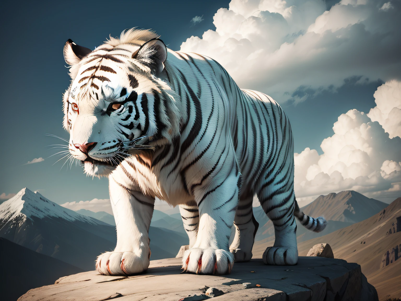 The white tiger stands on a mountain rock，It looks mighty and protective