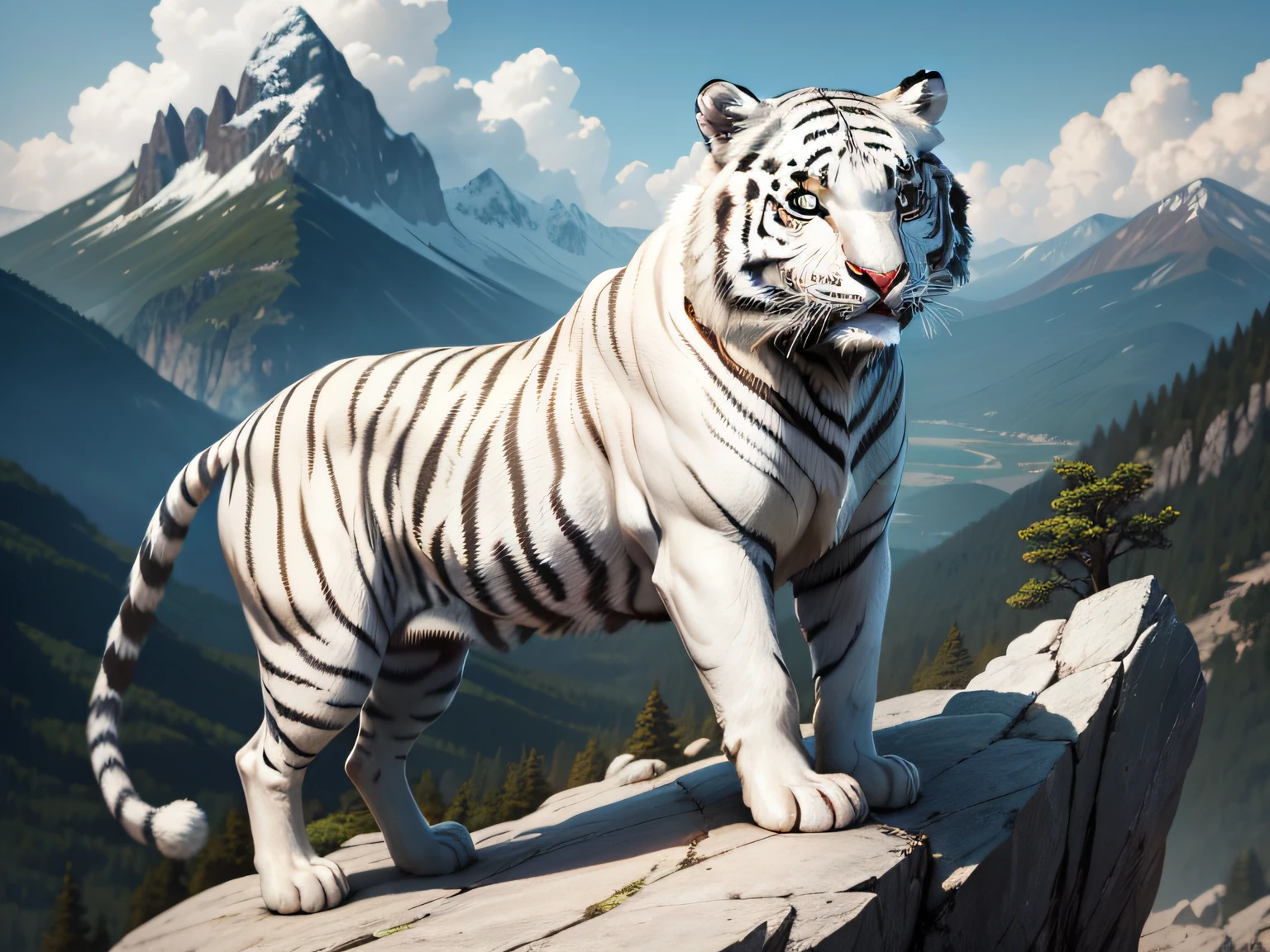 The white tiger stands on a mountain rock,It looks mighty and protective