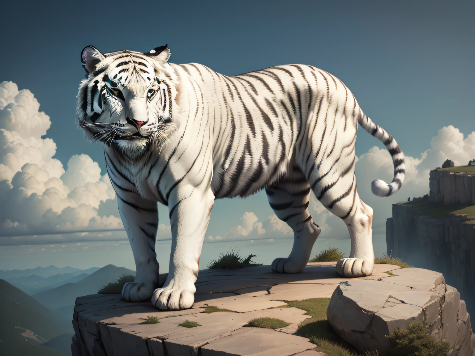 The white tiger stands on a mountain rock，It looks mighty and protective