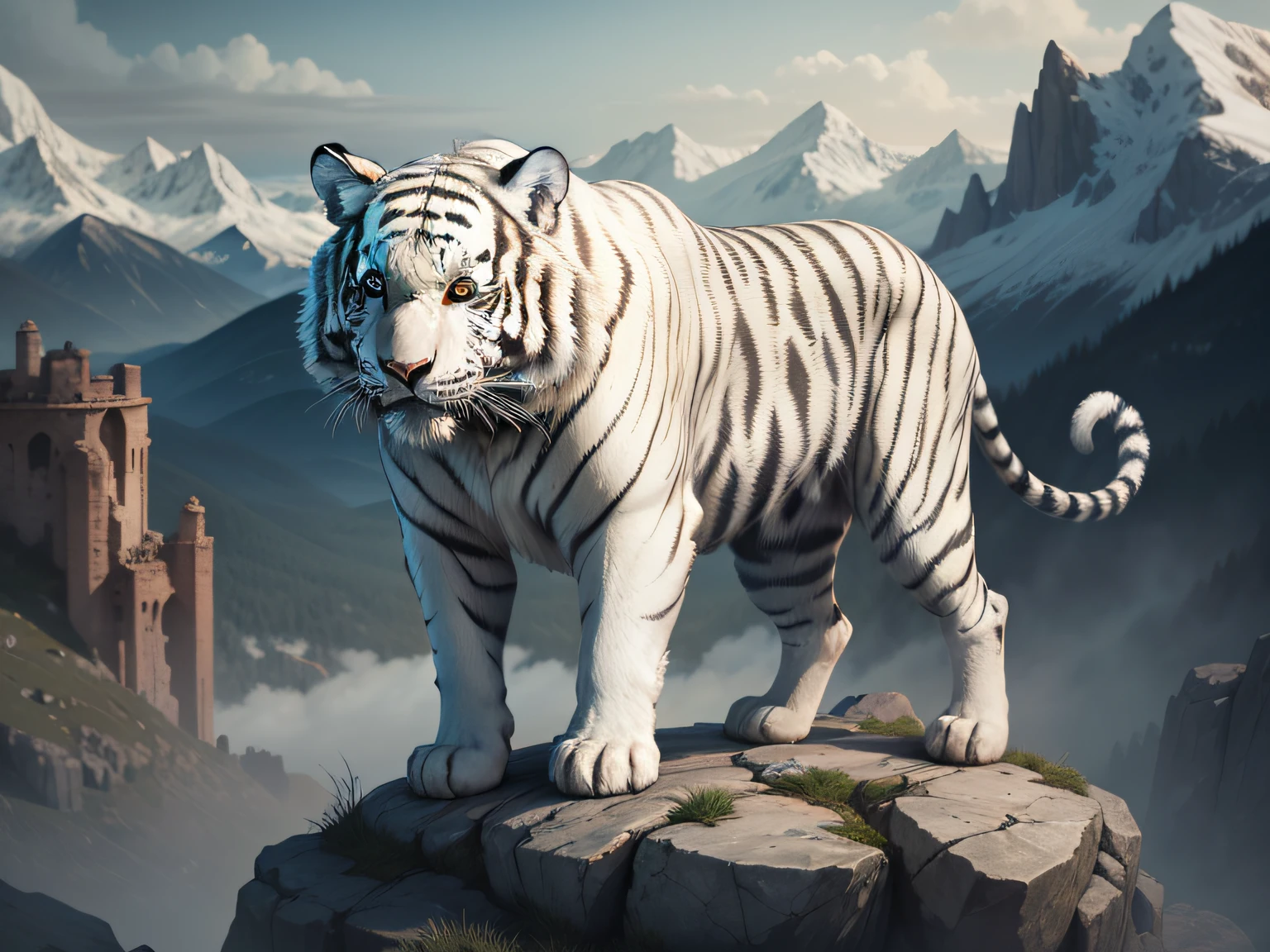 The white tiger stands on a mountain rock，It looks mighty and protective