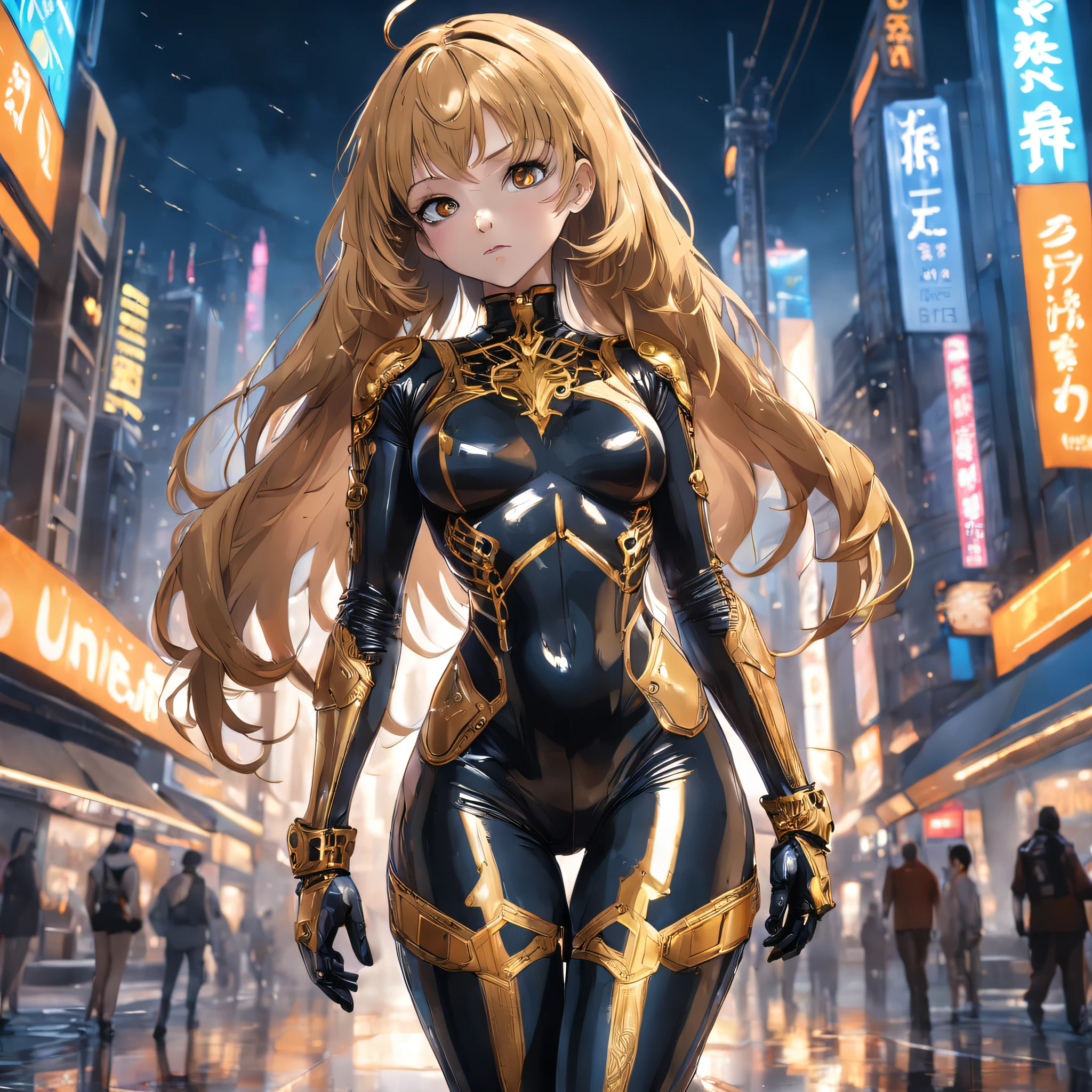 (((best quality))), (((masterpiece))), solo, super fine photo, full body picture Unreal Engine 5 8K UHD, beautiful girl, face detailed, wearing skin tight latex catsuit with gold lace, latex collar, latex gloves, latex long socks with straps, arm and leg cuffs, unified 8k wallpaper, hyper detailed, sharp focus, walking in the futuristic city.