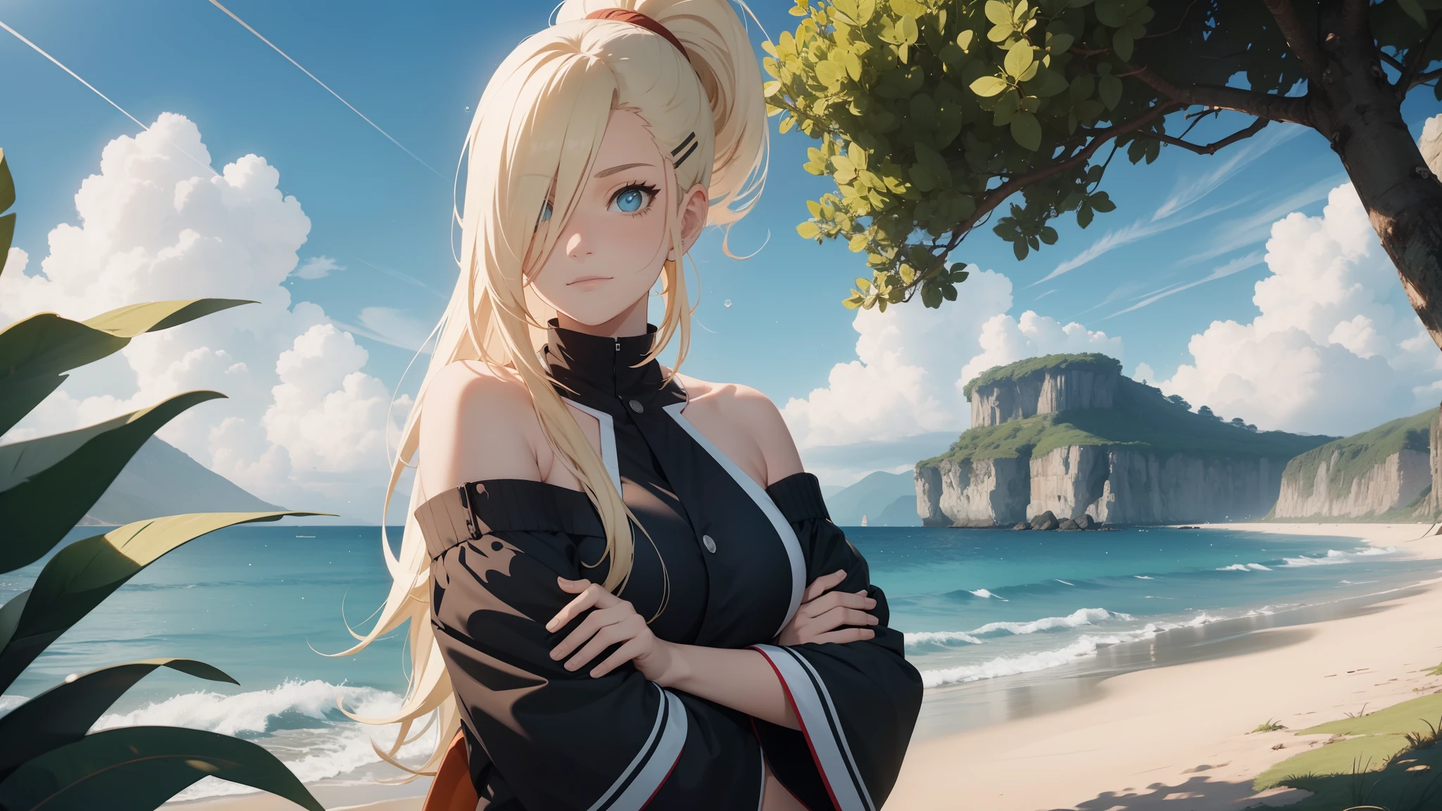"the Extremely Detailed CG Unity 8K Wallpapers,tmasterpiece,Best picture quality,【😊Colored Forest,depth of fields,Lots of splashing droplets:1.2,petals,Toys surround,ventania,Foliage,grassy fields,volumettic light】blond hairbl,Be red in the face,ssmile,Half of your body is in water,naruto,Ino,Off-the-shoulder attire,bangs cover one eye,fat,looks into camera,sea beach,swim wears,clouds,sandbeach,