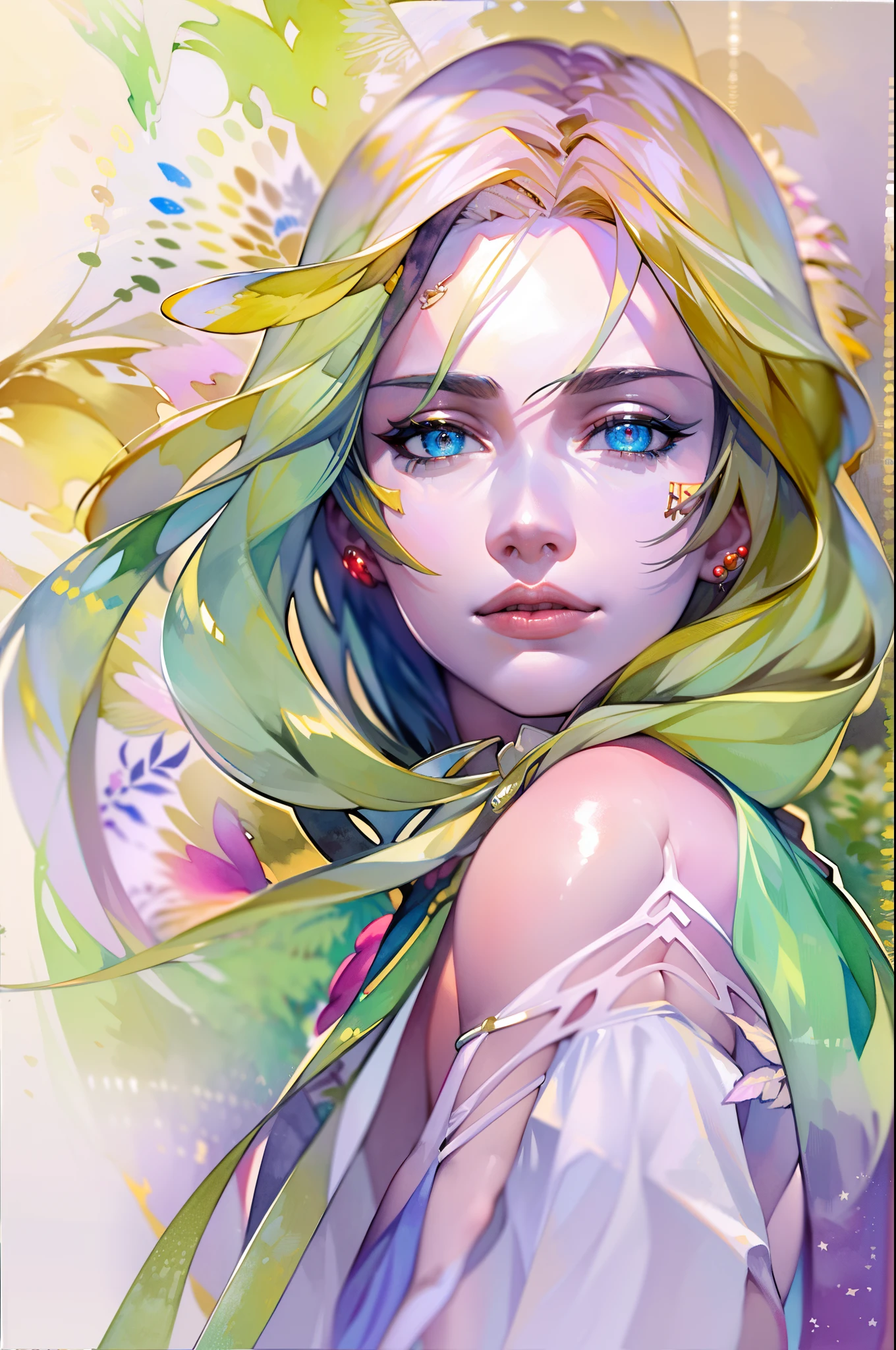 (8k, best quality, masterpiece:1.2),(best quality:1.0), (ultra highres:1.0), watercolor, a beautiful woman, shoulder, hair ribbons, by agnes cecile, half body portrait, extremely luminous bright design, pastel colors, (ink:1.3), autumn lights