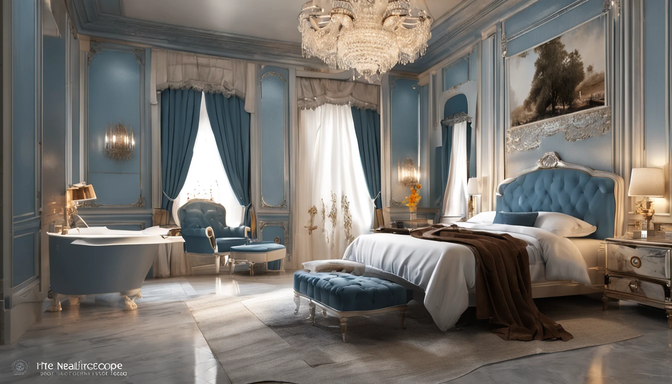 best artwork, (fully furnished for royal luxury bedroom, neoclassical, light blue tone:1.2), 8k, very good lighting, photo realistic, Focus sharp, (Light Studio bright, movie lights), (masterpiece:1.5), best quality, super detail, high detail, wide angle,