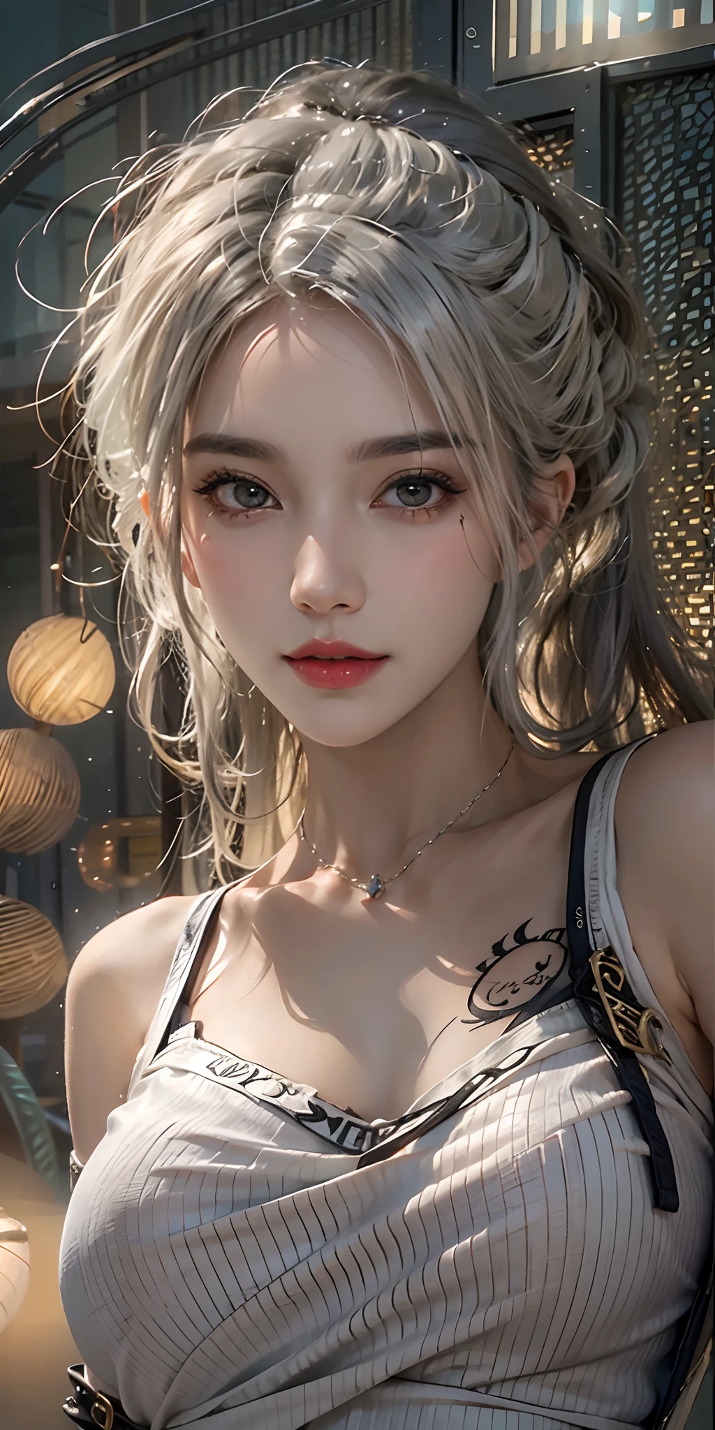 photorealistic, high resolution, soft light,1women, solo, hips up, shining skin, (detailed face),tattoo, jewelry, micro dress, street wear, night, white wavy hair, Beautiful Soldier, Eyes That Invite Viewer, Lover's Perspective, Inviting Expression, Sexy Smile, Perfect Style, Perfect Balance, Detailed Skin, Naughty Gaze, Chest Visible