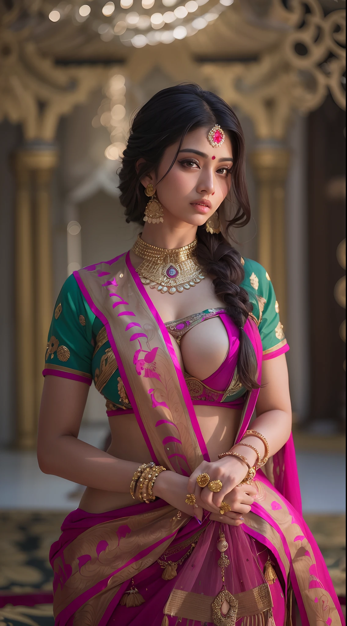 a woman in a sari posing for a picture, indian goddess, traditional beauty, indian, beautiful goddess, ornate cosplay, indian style, indian super model, beautiful maiden, gorgeous woman, south east asian with long, provocative indian, gorgeous beautiful woman, intricate outfit, hindu aesthetic, beautiful asian girl, extremely detailed goddess shot, jaw-dropping beauty, big boobs deep cleavage sexy navel